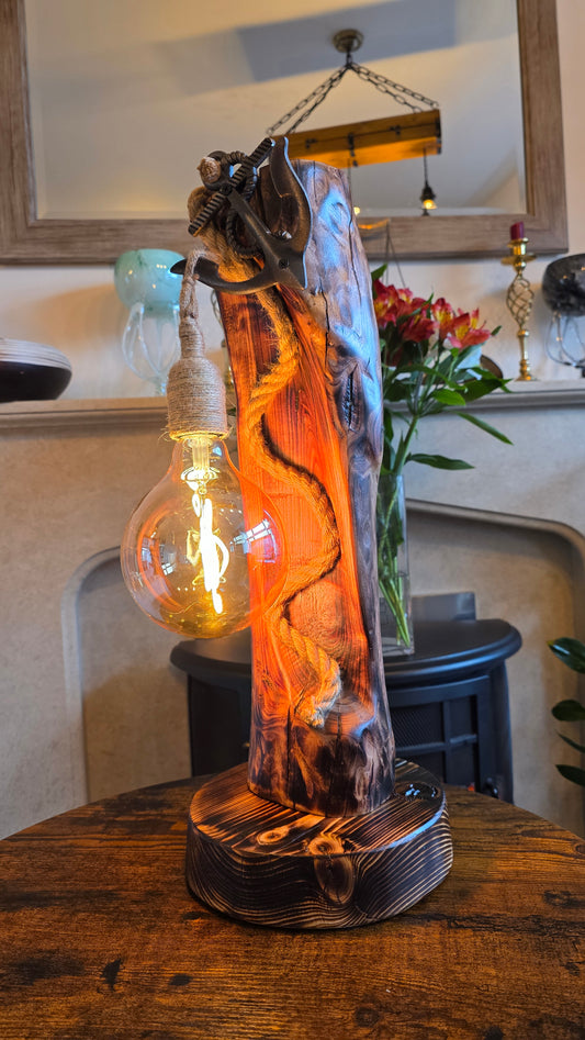 Handcrafted Solid Wood Table Lamp with Metal Anchor & Edison Bulb – Rustic Boho Style