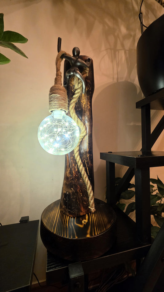 Artisan Wooden Lamp with Decorative Metal Accent & Glass Globe