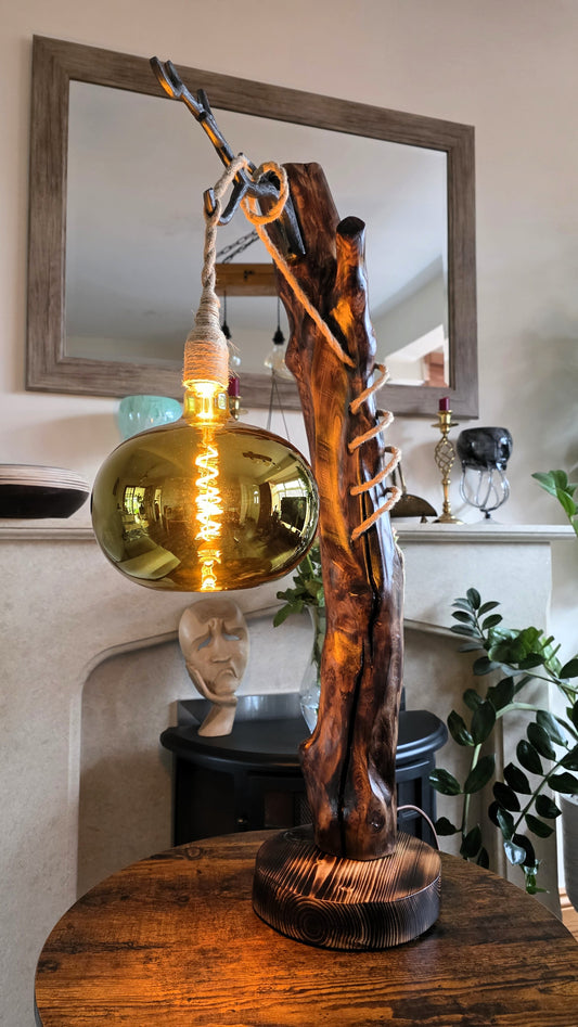 Handmade Rustic Wooden Lamp with Forged Iron Hook & Smoky Edison Bulb ✨