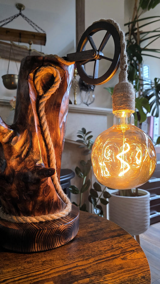 Handmade Rustic Wooden Lamp with Industrial Pulley Wheel ✨