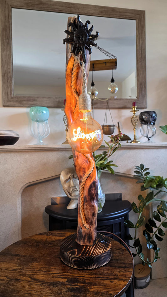Handmade Rustic Wooden Lamp with Sun Ornament