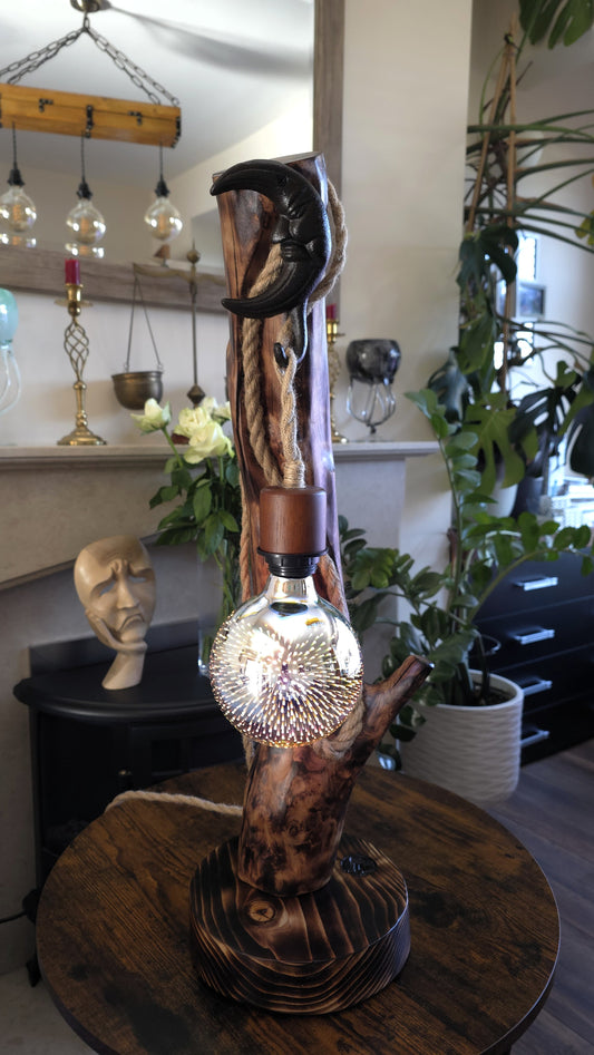 Rustic Apple Wood Moon Lamp – Handmade Wooden Table Lamp with Edison Globe Bulb