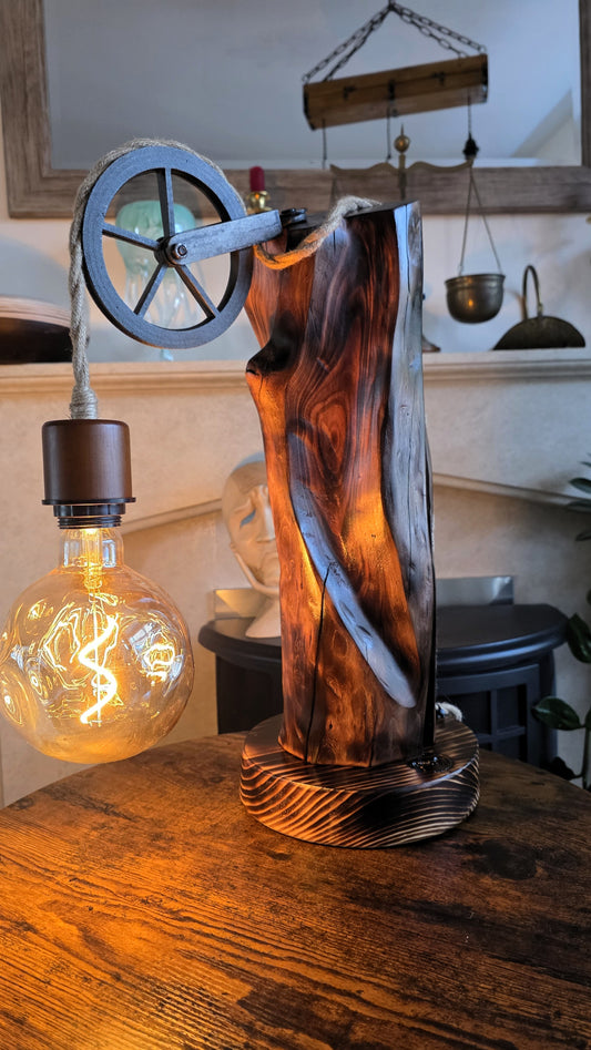 Rustic Circle Wooden Lamp – Handcrafted Apple Wood Table Lamp with Edison Bulb 🪵⭕✨