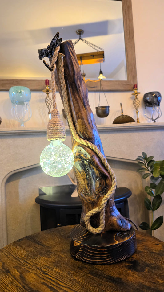 Rustic Apple Wood Lamp with Dragonfly & Starlight Glass Globe