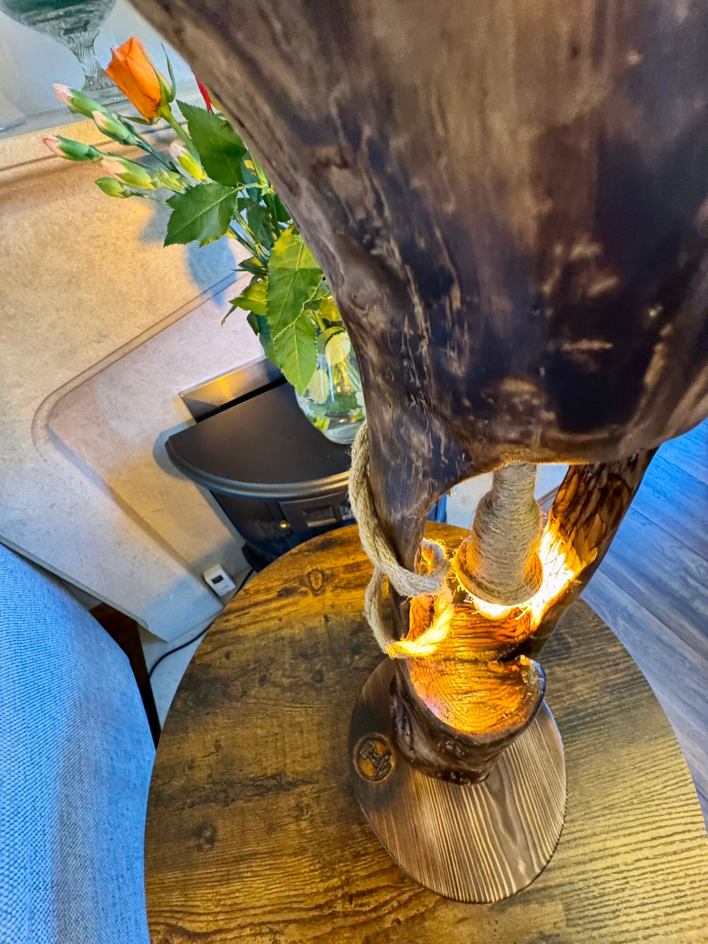 "Handcrafted Branch Lamp β Natural Wood Sculpture with Rope & Edison Bulb"