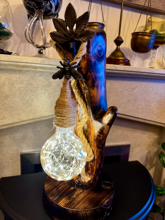 Decorative Natural Wood Lamp with Metal Leaf Accents – Handmade Artistic Piece