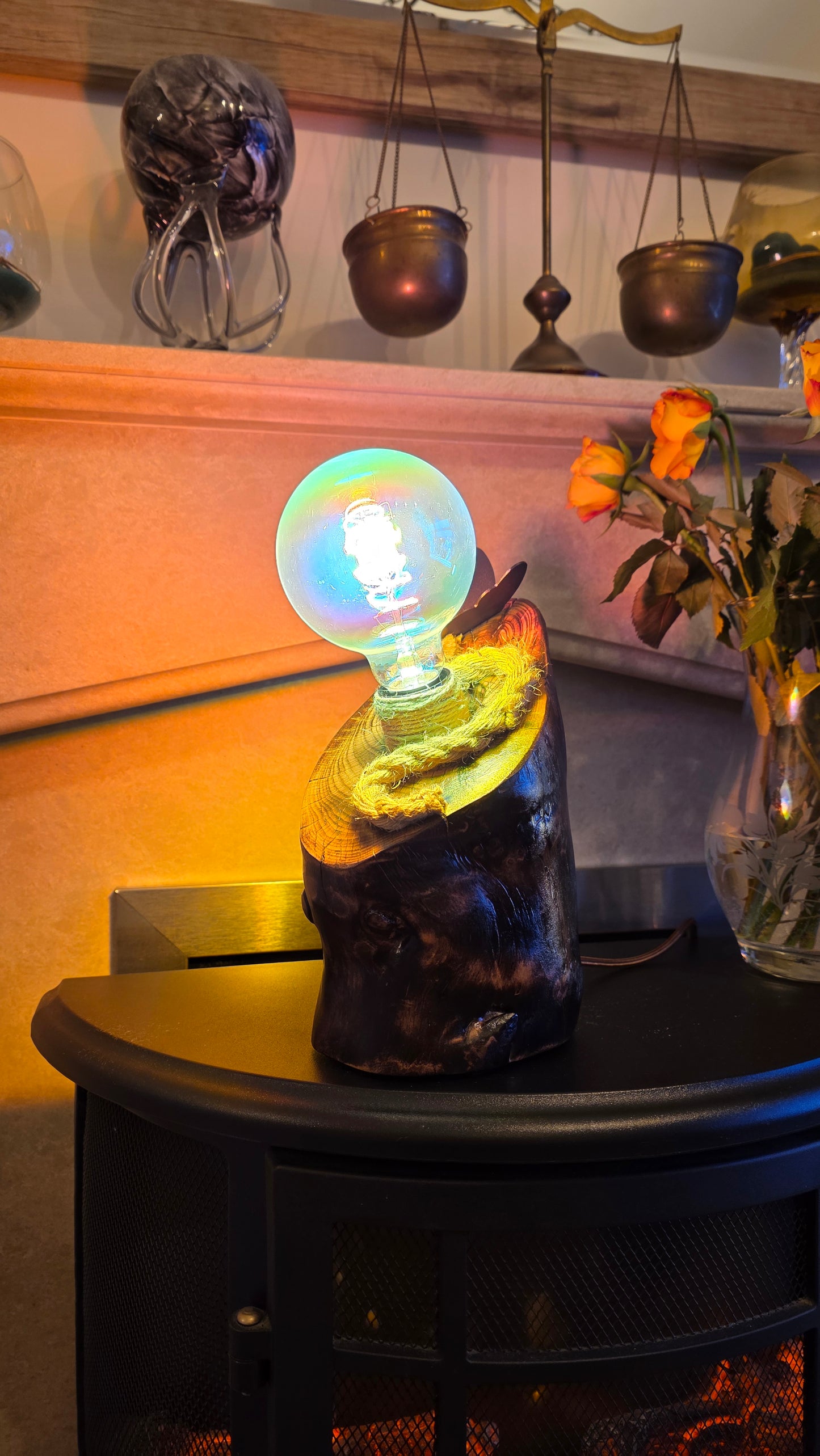 Rainbow Glow Rustic Wood Lamp – Unique Colorful Handmade Light