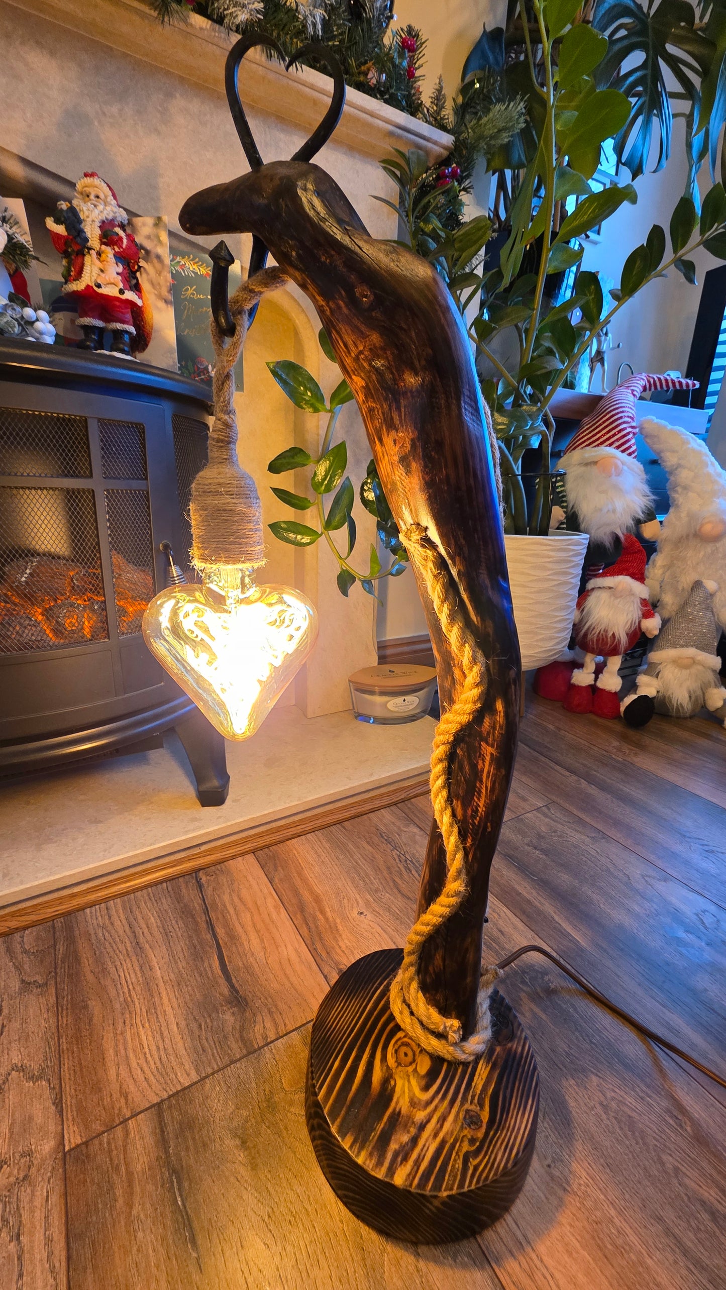 Handmade Rustic Wooden Lamp with Heart Detail