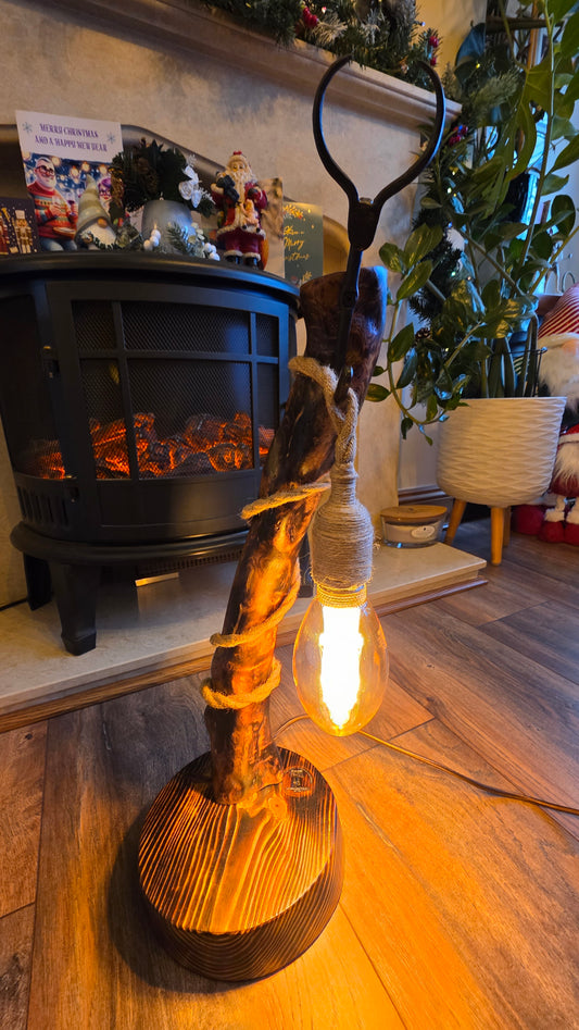 Handmade Rustic Wooden Lamp with Antelope Horn Detail