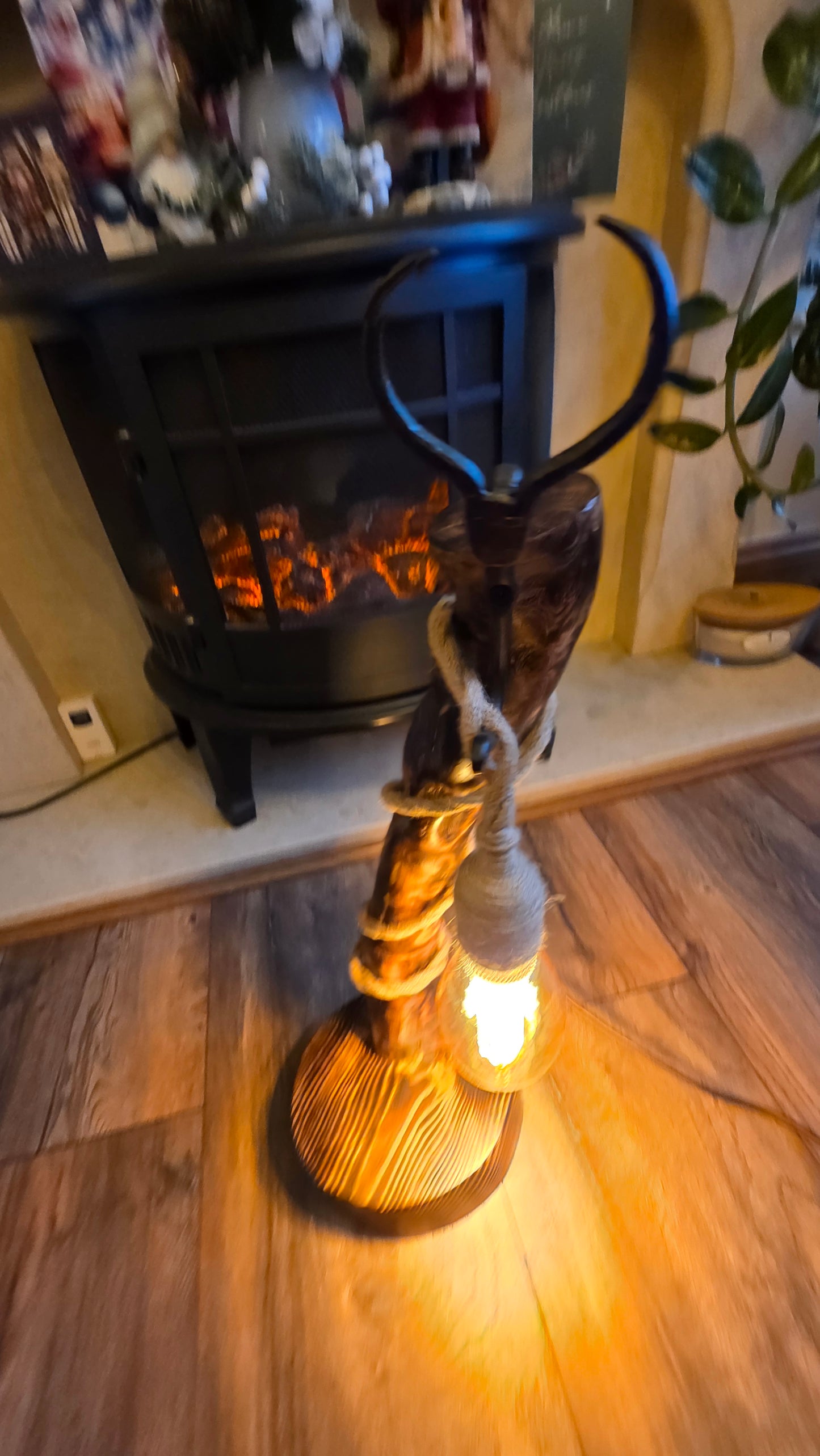 Handmade Rustic Wooden Lamp with Antelope Horn Detail