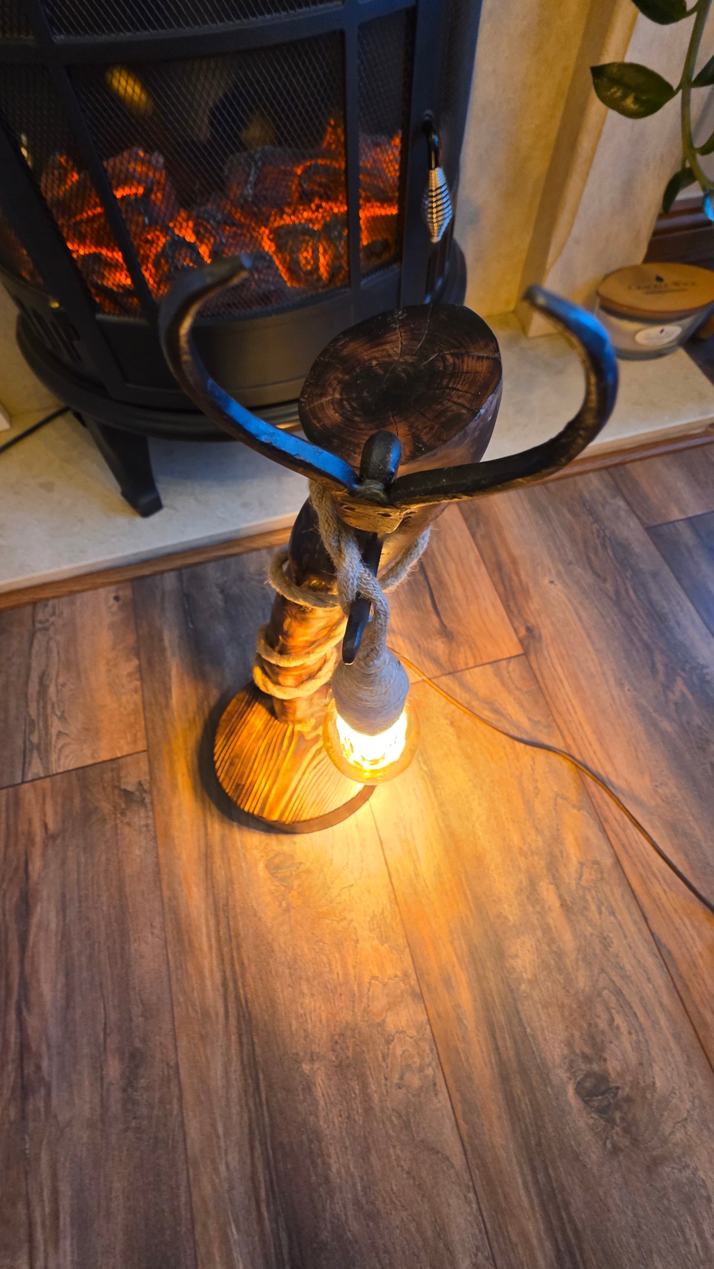 Handmade Rustic Wooden Lamp with Antelope Horn Detail