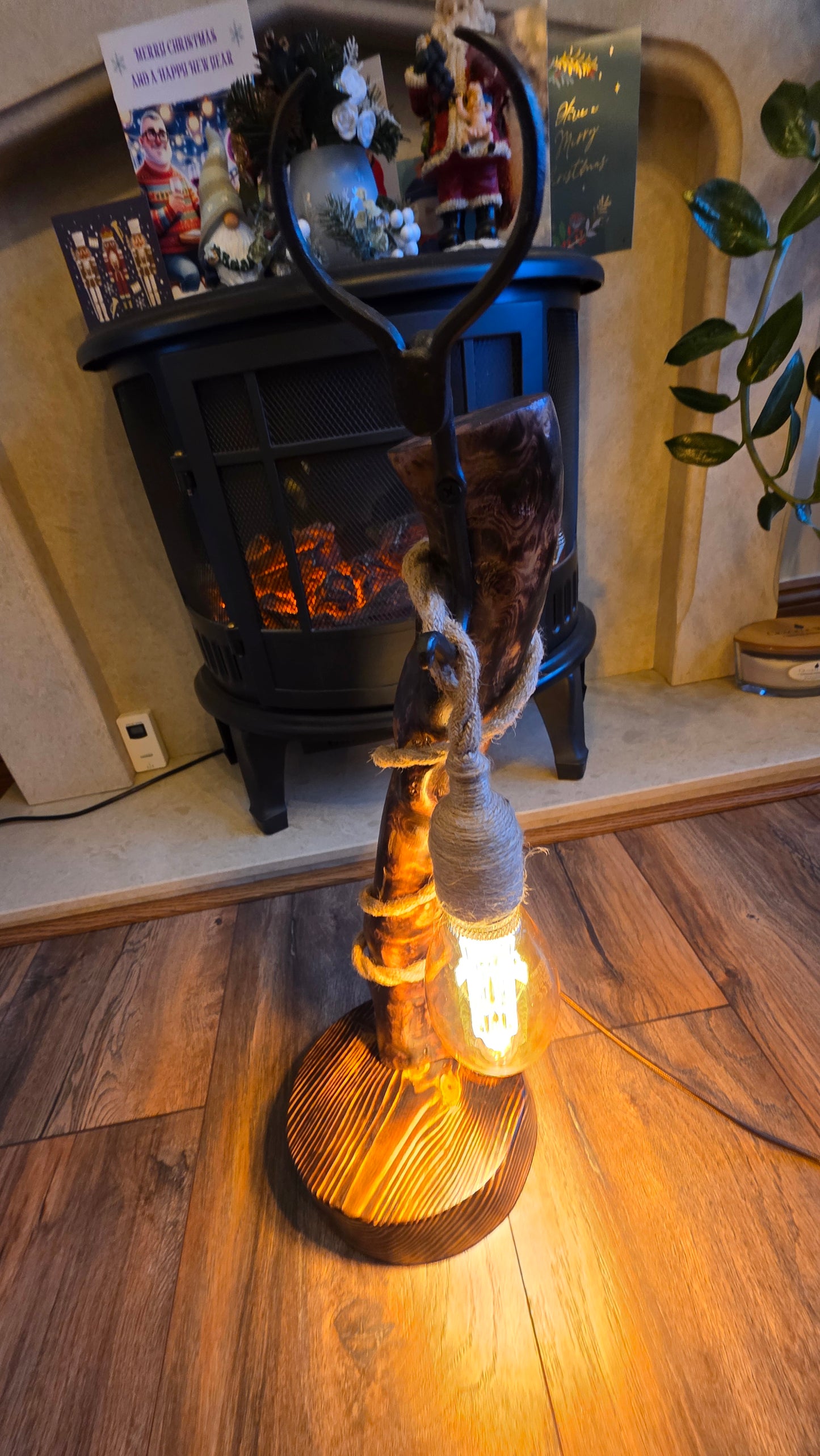 Handmade Rustic Wooden Lamp with Antelope Horn Detail