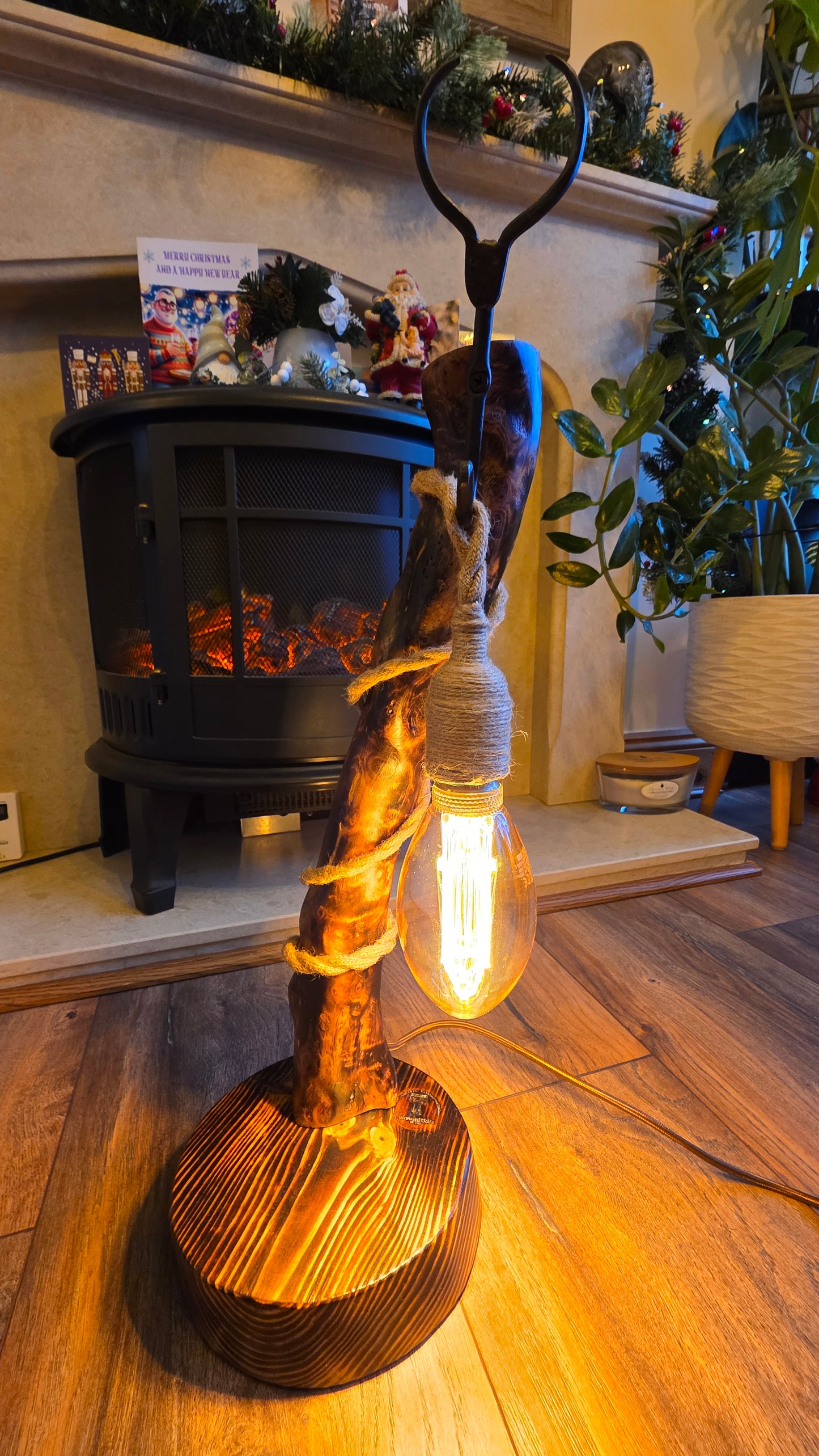 Handmade Rustic Wooden Lamp with Antelope Horn Detail