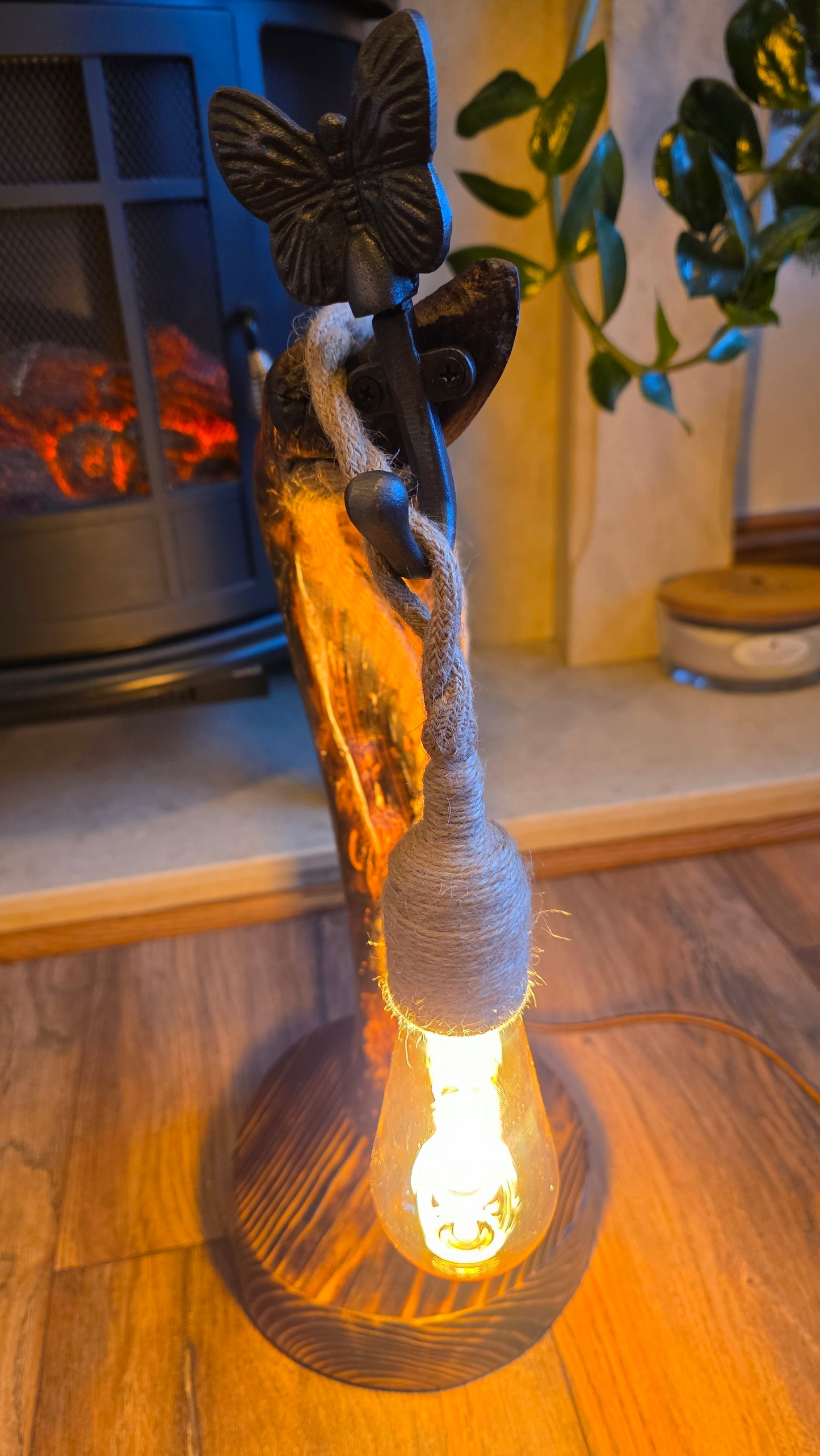 Handcrafted Wooden Lamp with Rope & Butterfly