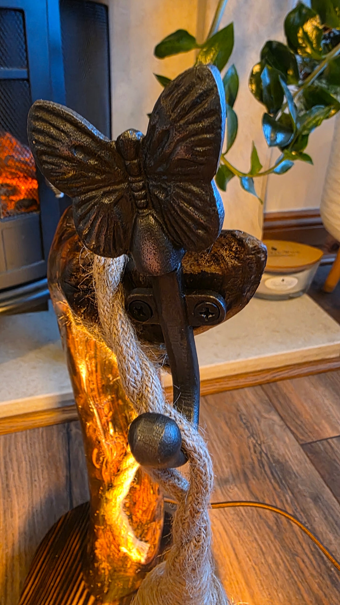 Handcrafted Wooden Lamp with Rope & Butterfly