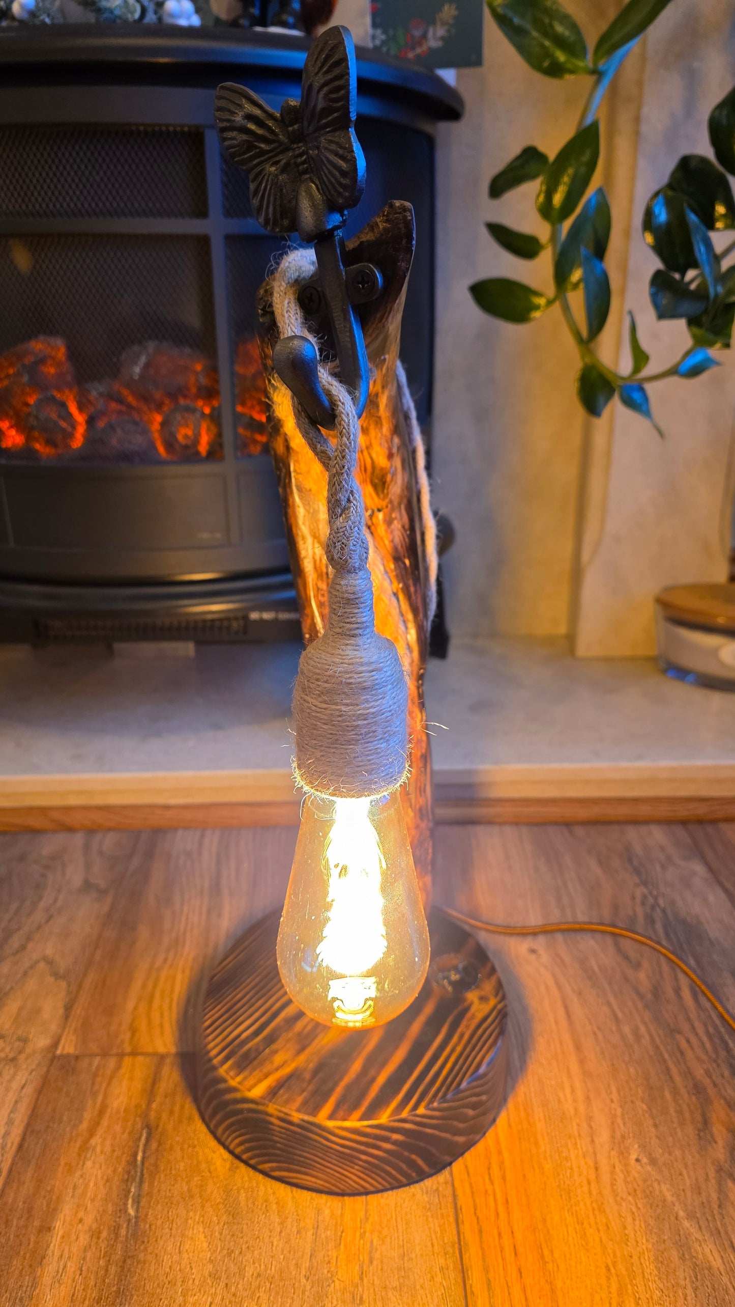 Handcrafted Wooden Lamp with Rope & Butterfly