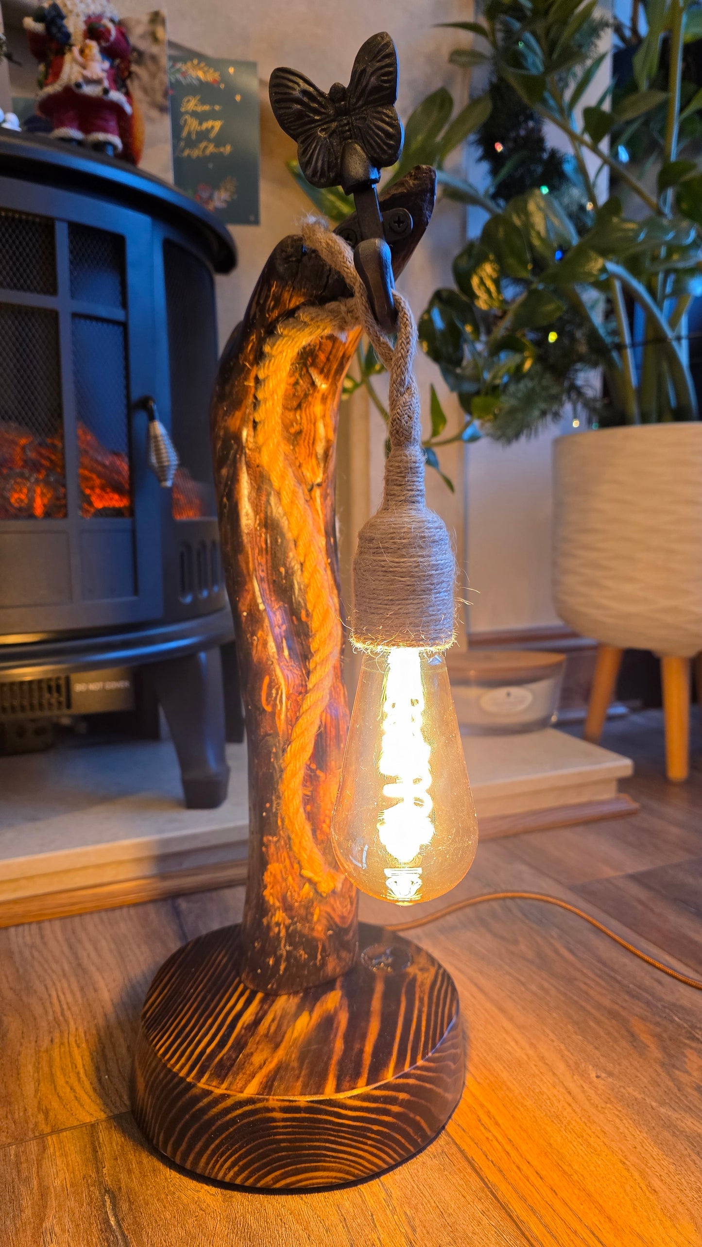 Handcrafted Wooden Lamp with Rope & Butterfly