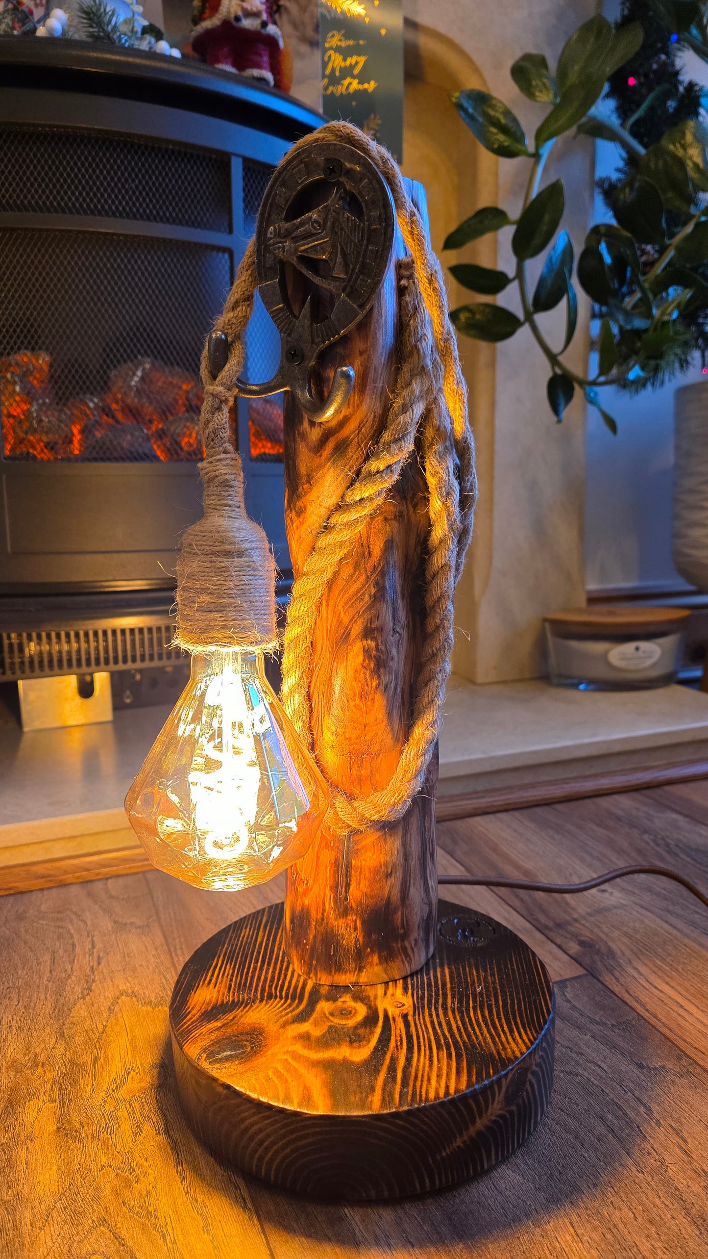 Rustic Wooden Lamp with Horse Head Horseshoe Accent