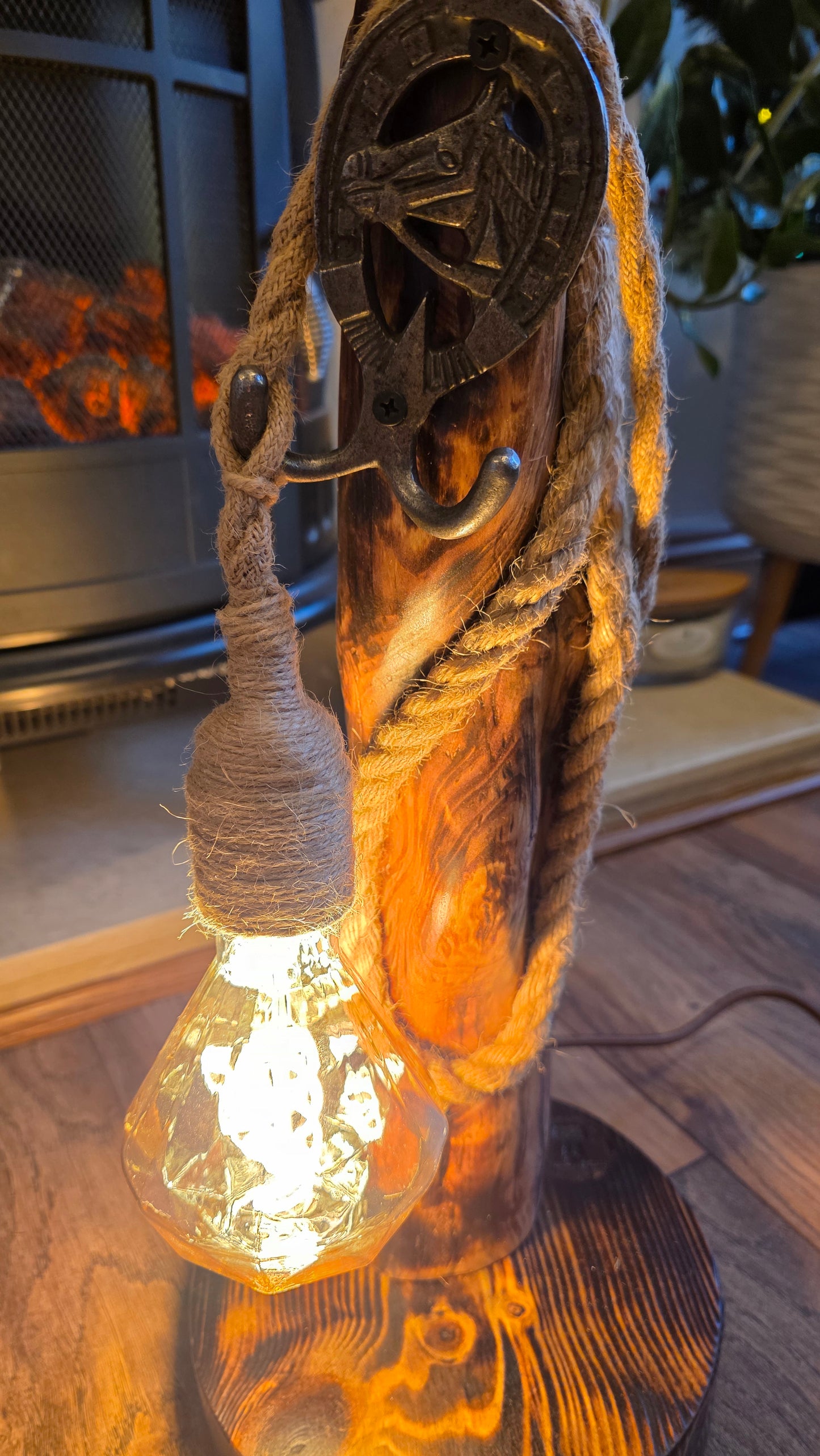Rustic Wooden Lamp with Horse Head Horseshoe Accent