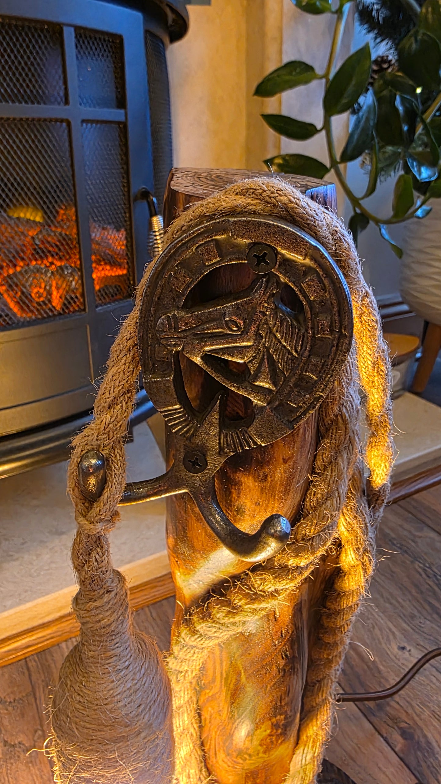 Rustic Wooden Lamp with Horse Head Horseshoe Accent