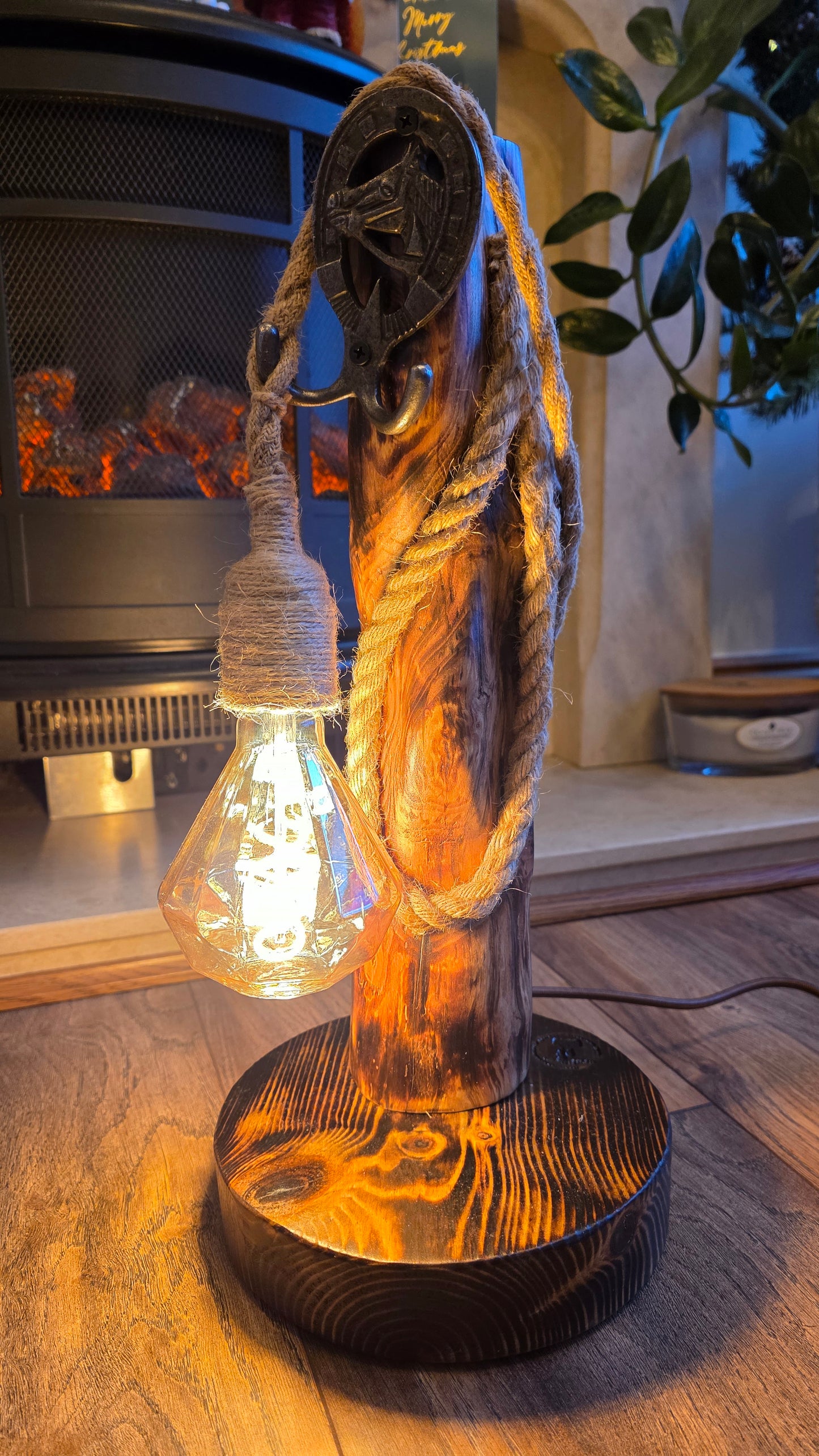 Rustic Wooden Lamp with Horse Head Horseshoe Accent
