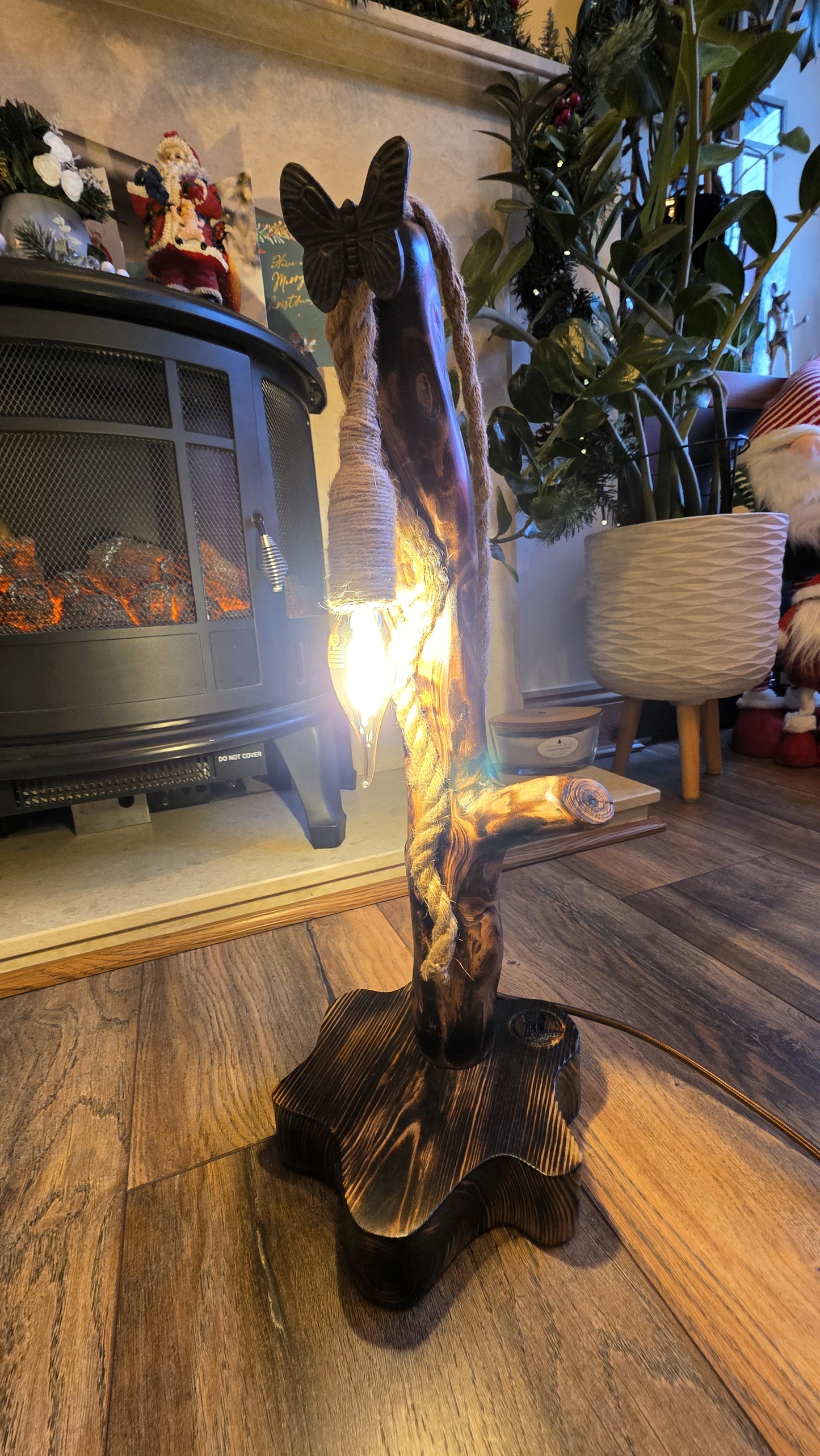 Rustic Handmade Wooden Lamp with Butterfly Accent