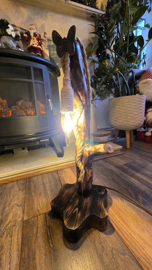 Rustic Handmade Wooden Lamp with Butterfly Accent