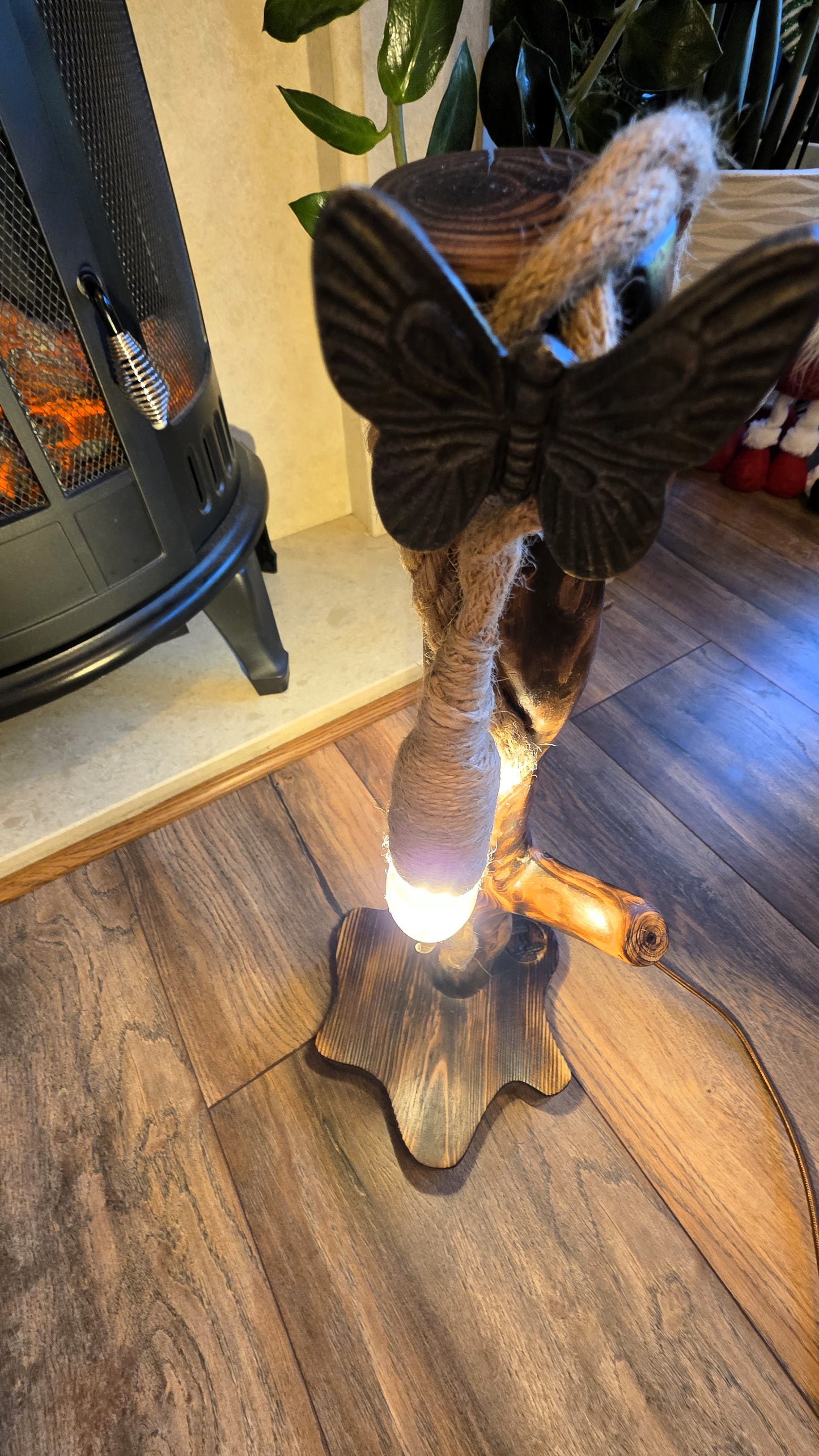 Rustic Handmade Wooden Lamp with Butterfly Accent