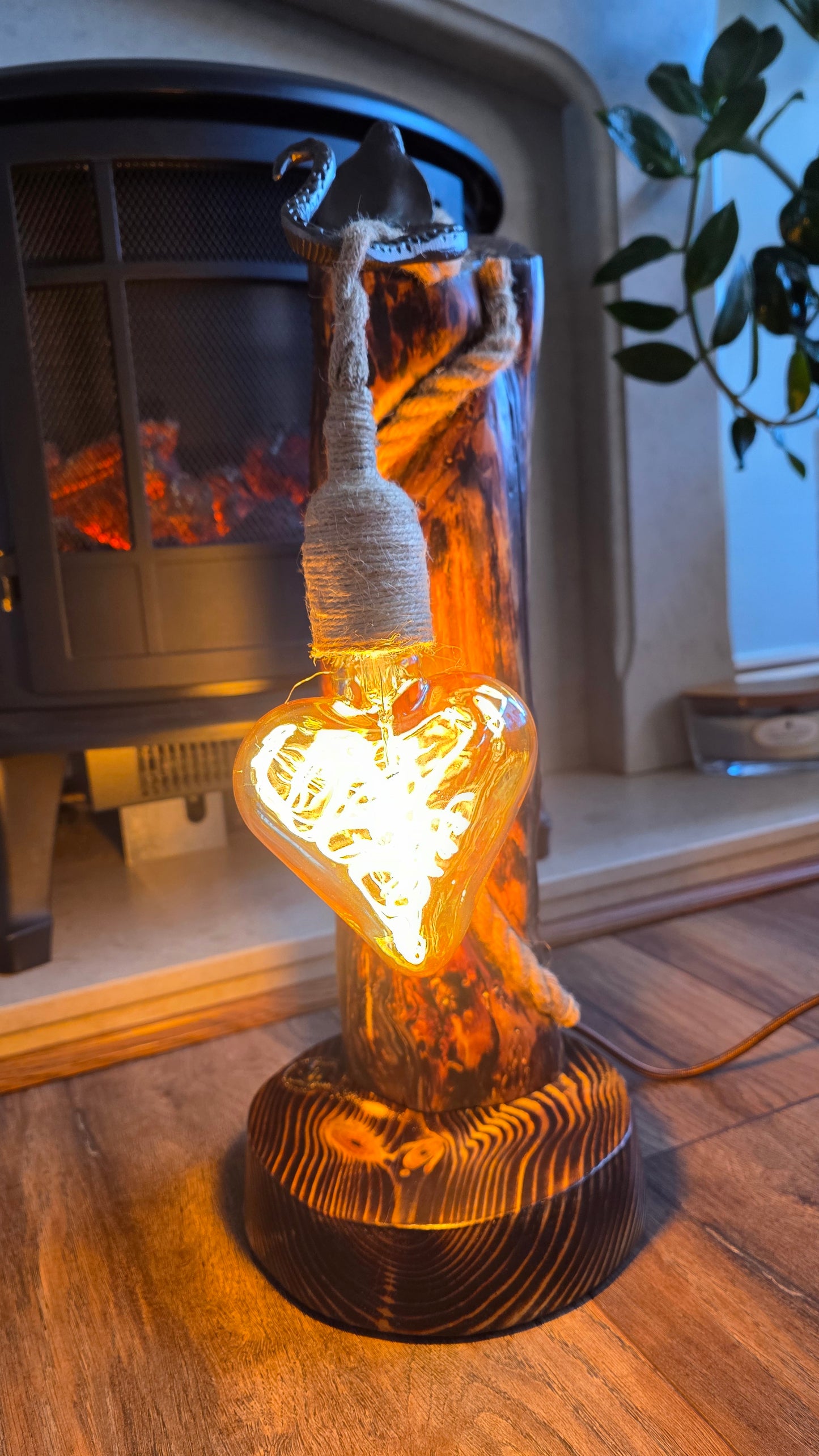 Handmade Rustic Wooden Lamp with Heart Edison Bulb – Unique Eco Light