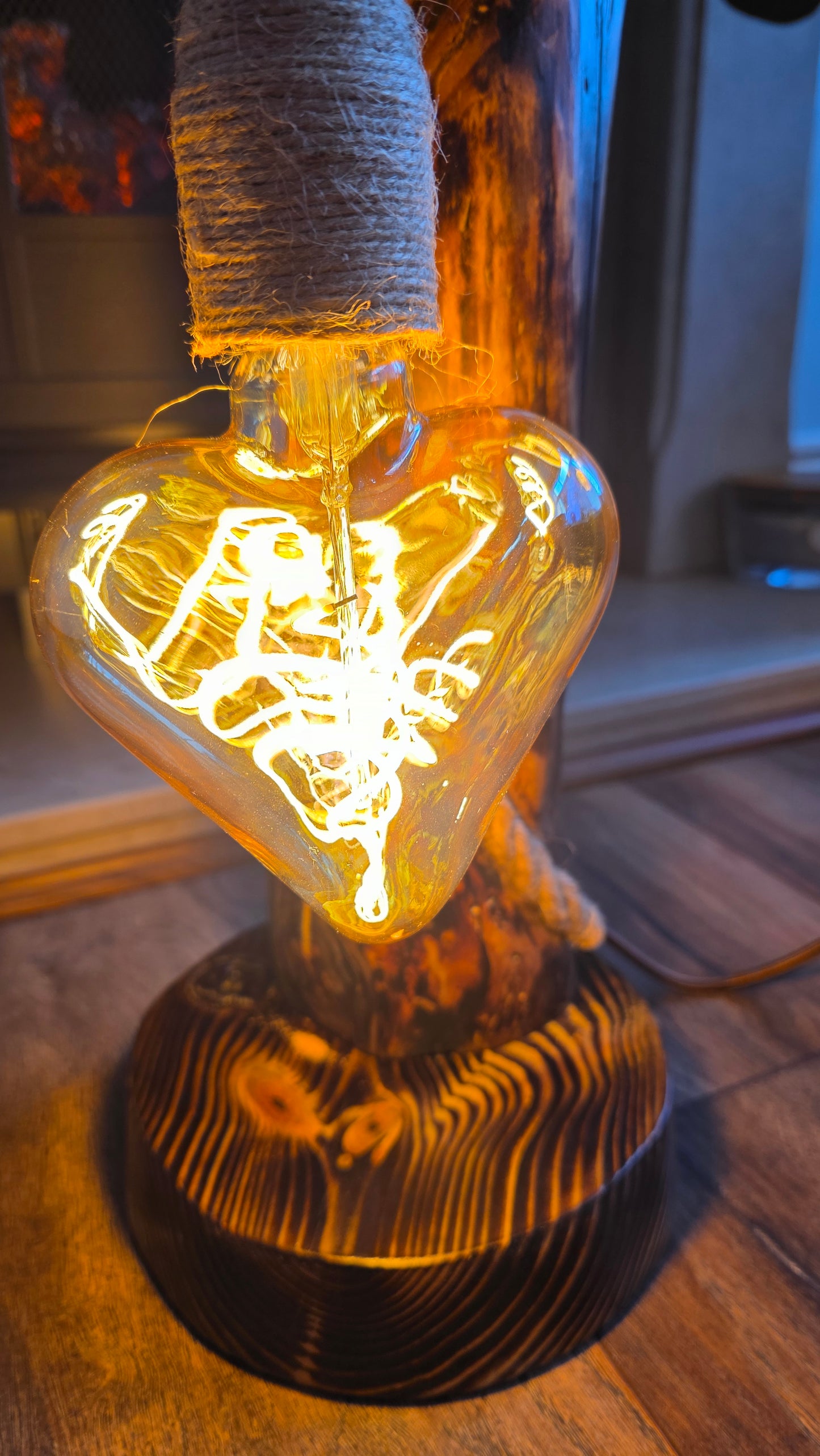 Handmade Rustic Wooden Lamp with Heart Edison Bulb – Unique Eco Light