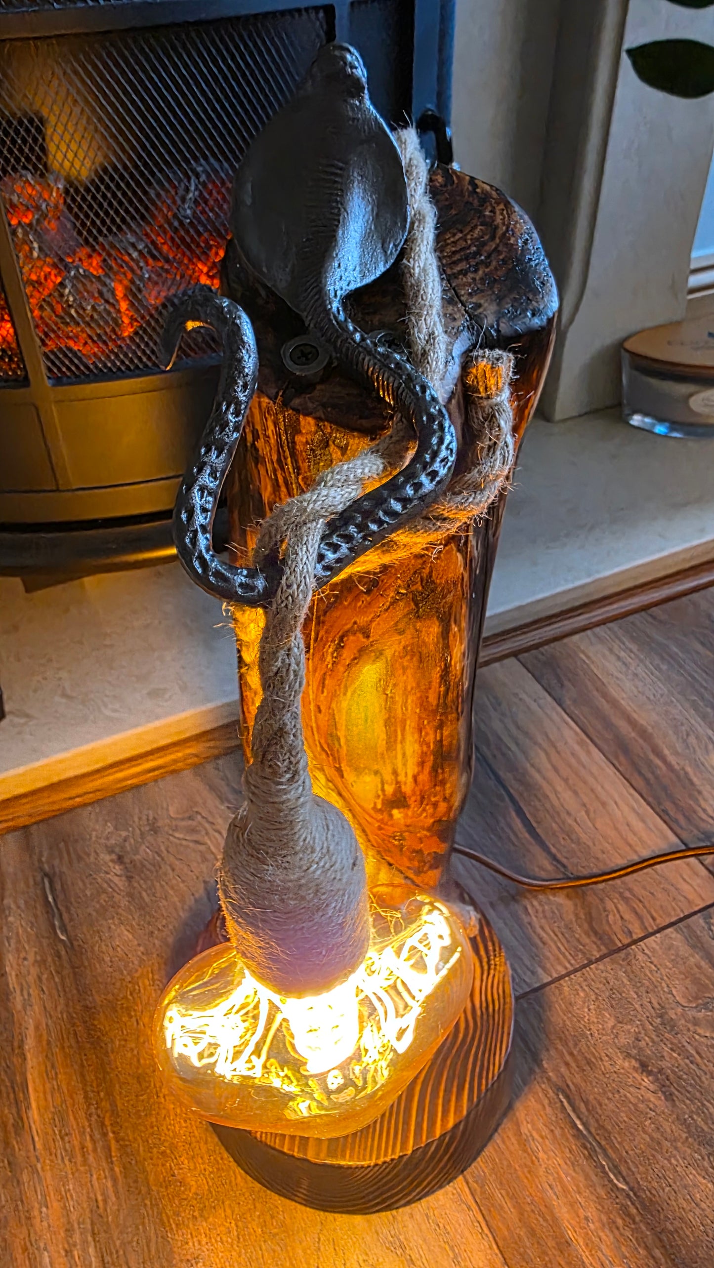 Handmade Rustic Wooden Lamp with Heart Edison Bulb – Unique Eco Light