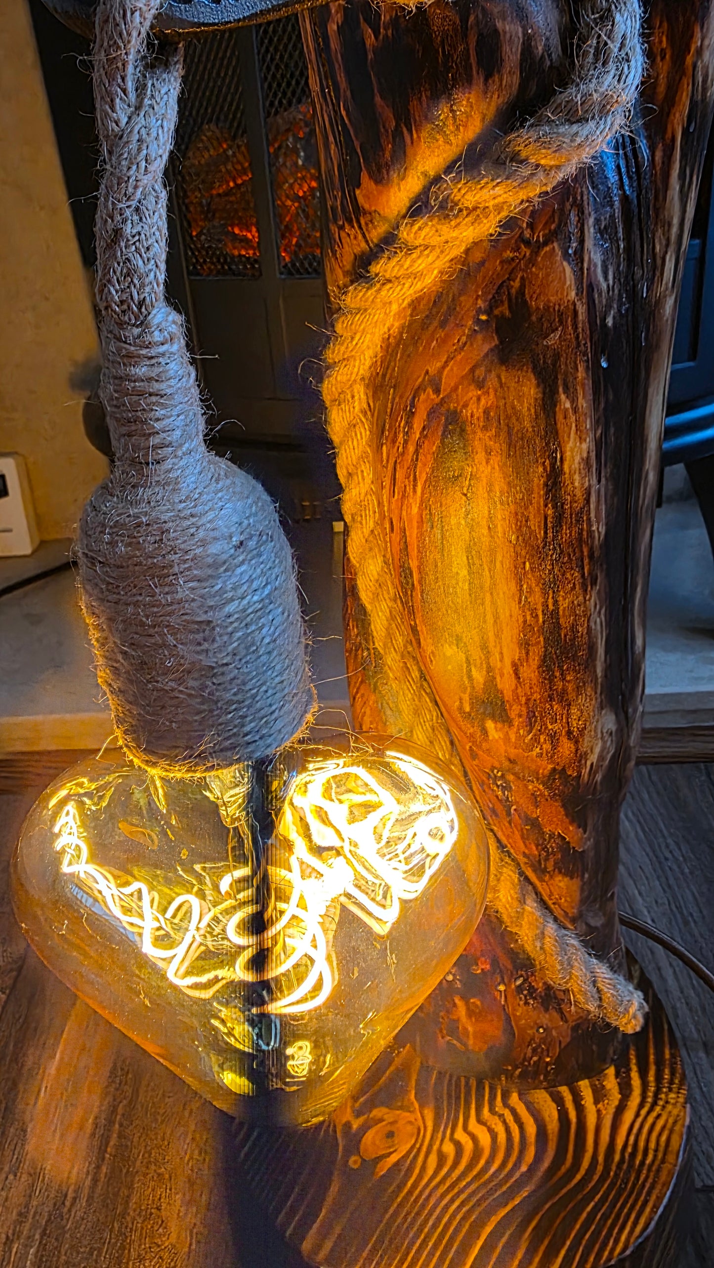 Handmade Rustic Wooden Lamp with Heart Edison Bulb – Unique Eco Light