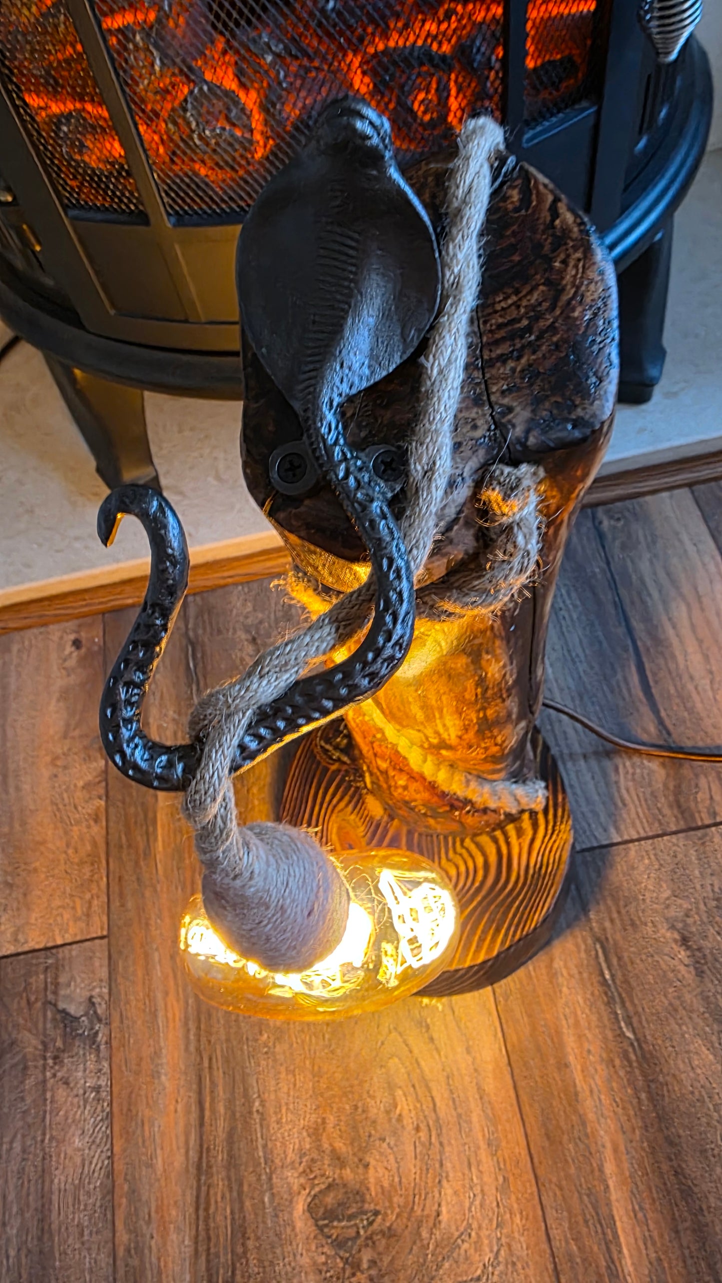 Handmade Rustic Wooden Lamp with Heart Edison Bulb – Unique Eco Light