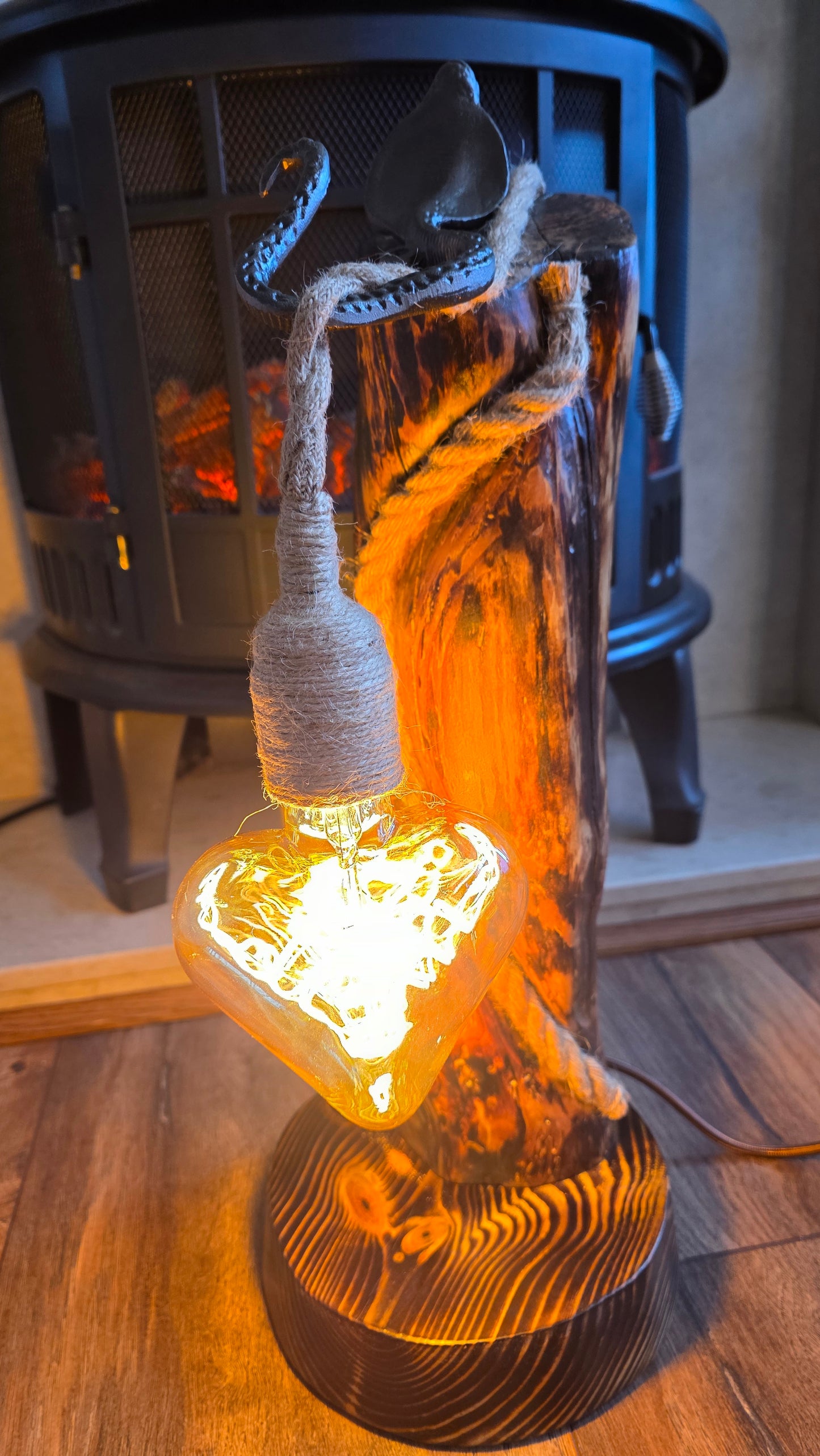 Handmade Rustic Wooden Lamp with Heart Edison Bulb – Unique Eco Light