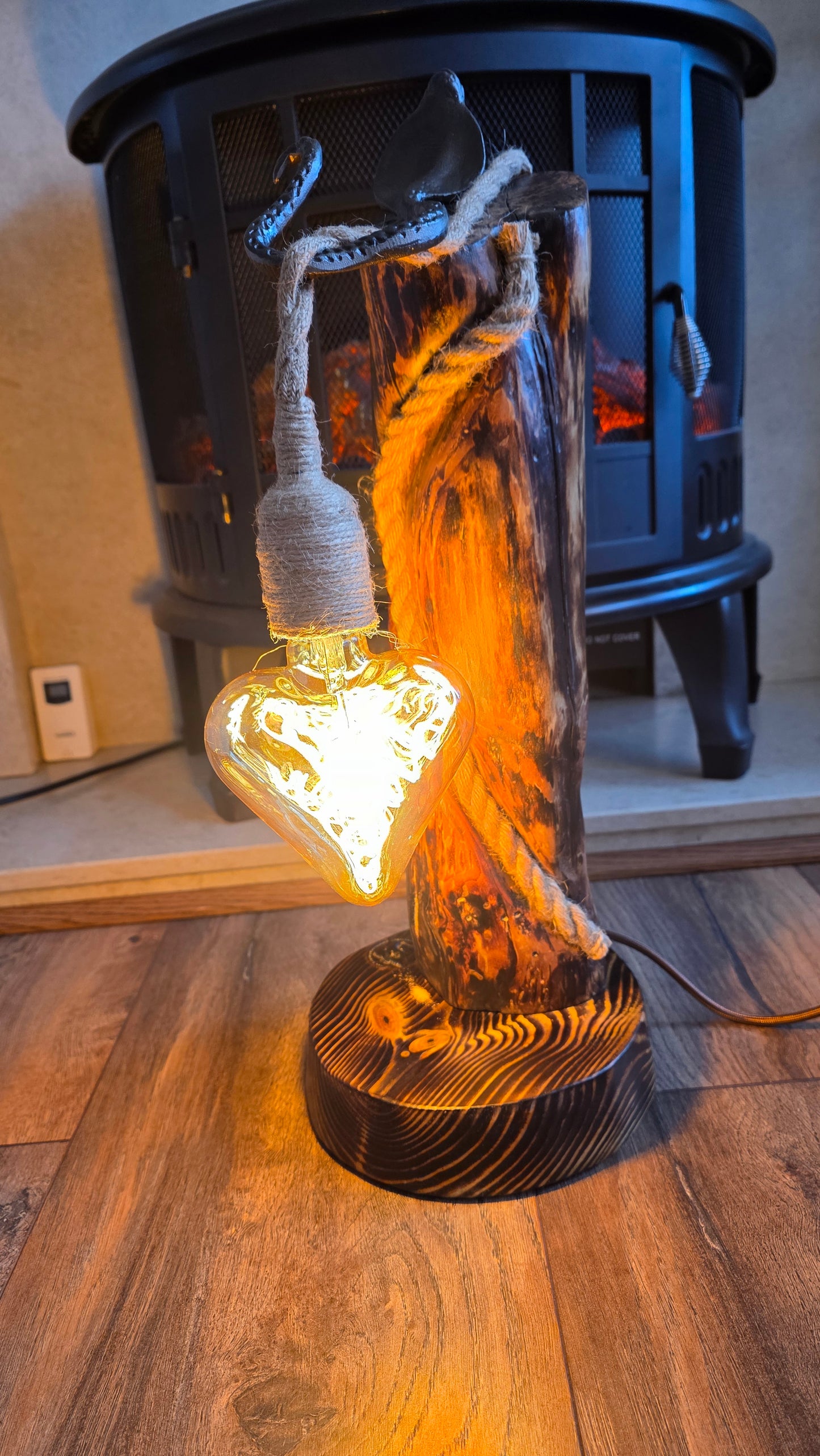 Handmade Rustic Wooden Lamp with Heart Edison Bulb – Unique Eco Light