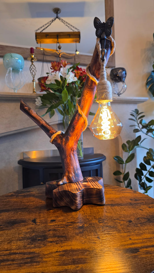 Rustic Solid Wood Branch Lamp with Metal Butterfly & Edison Bulb – Handmade Boho Light