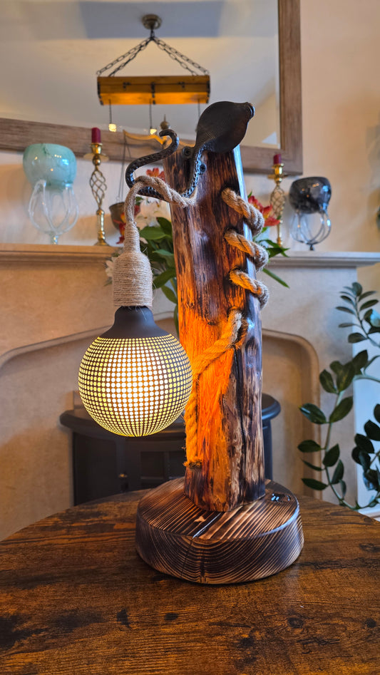 Handmade Wooden Lamp with Metal Octopus Detail & Patterned Globe Shade – Rustic Boho Light