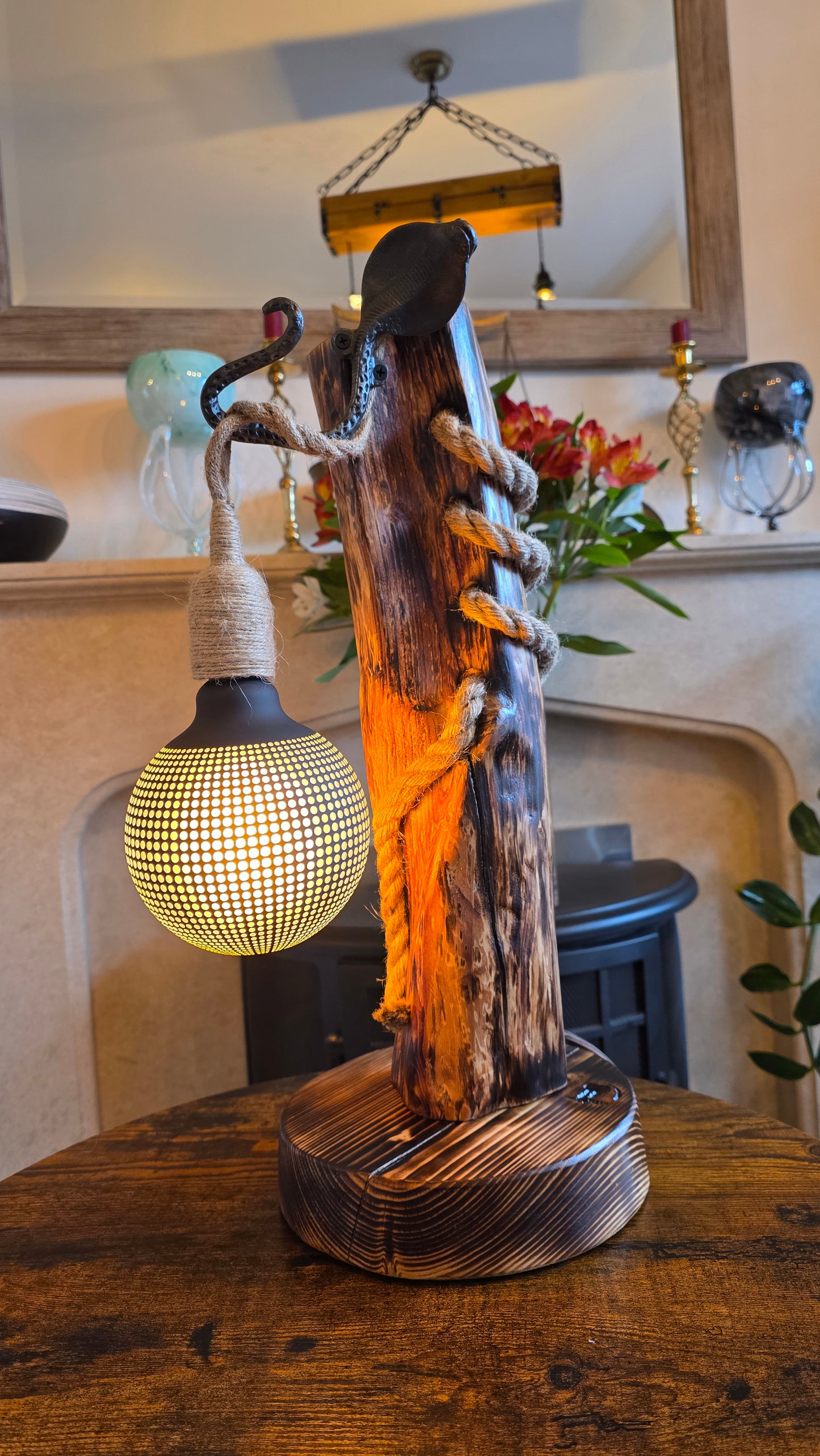 Handmade Wooden Lamp with Metal Octopus Detail & Patterned Globe Shade – Rustic Boho Light