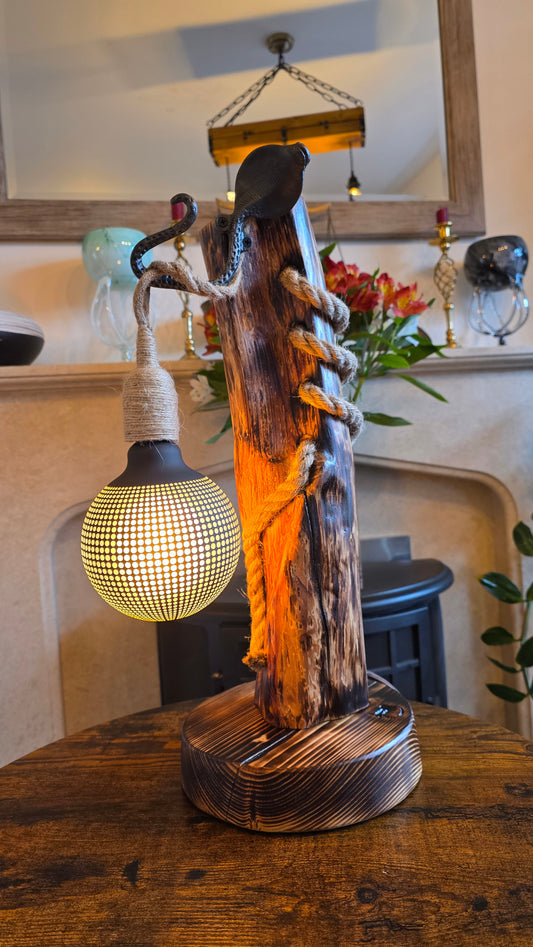 Handmade Wooden Lamp with Metal Octopus Detail & Patterned Globe Shade – Rustic Boho Light