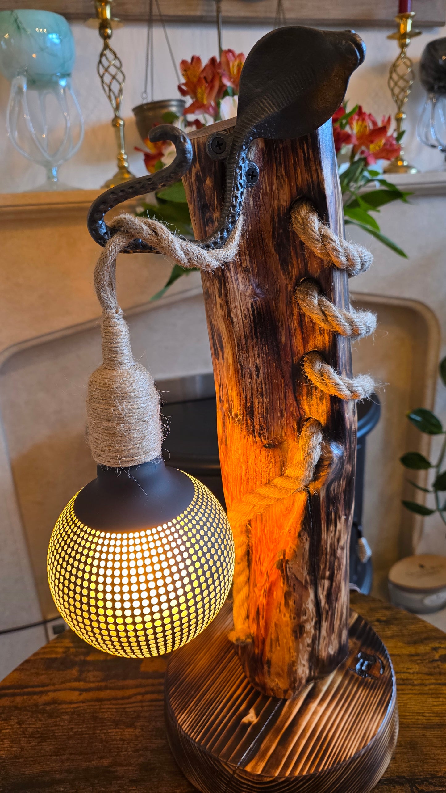 Handmade Wooden Lamp with Metal Octopus Detail & Patterned Globe Shade – Rustic Boho Light