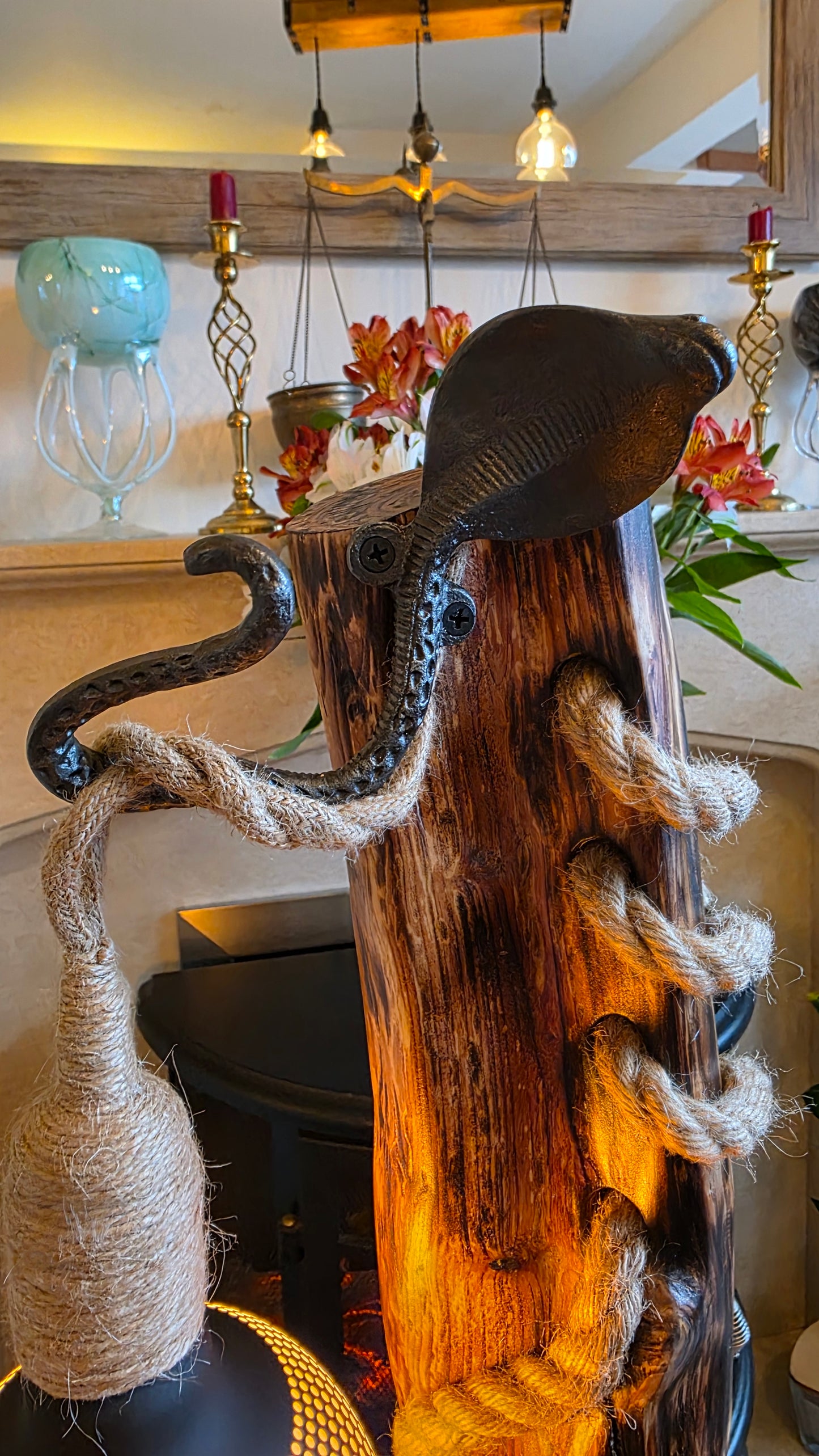 Handmade Wooden Lamp with Metal Octopus Detail & Patterned Globe Shade – Rustic Boho Light