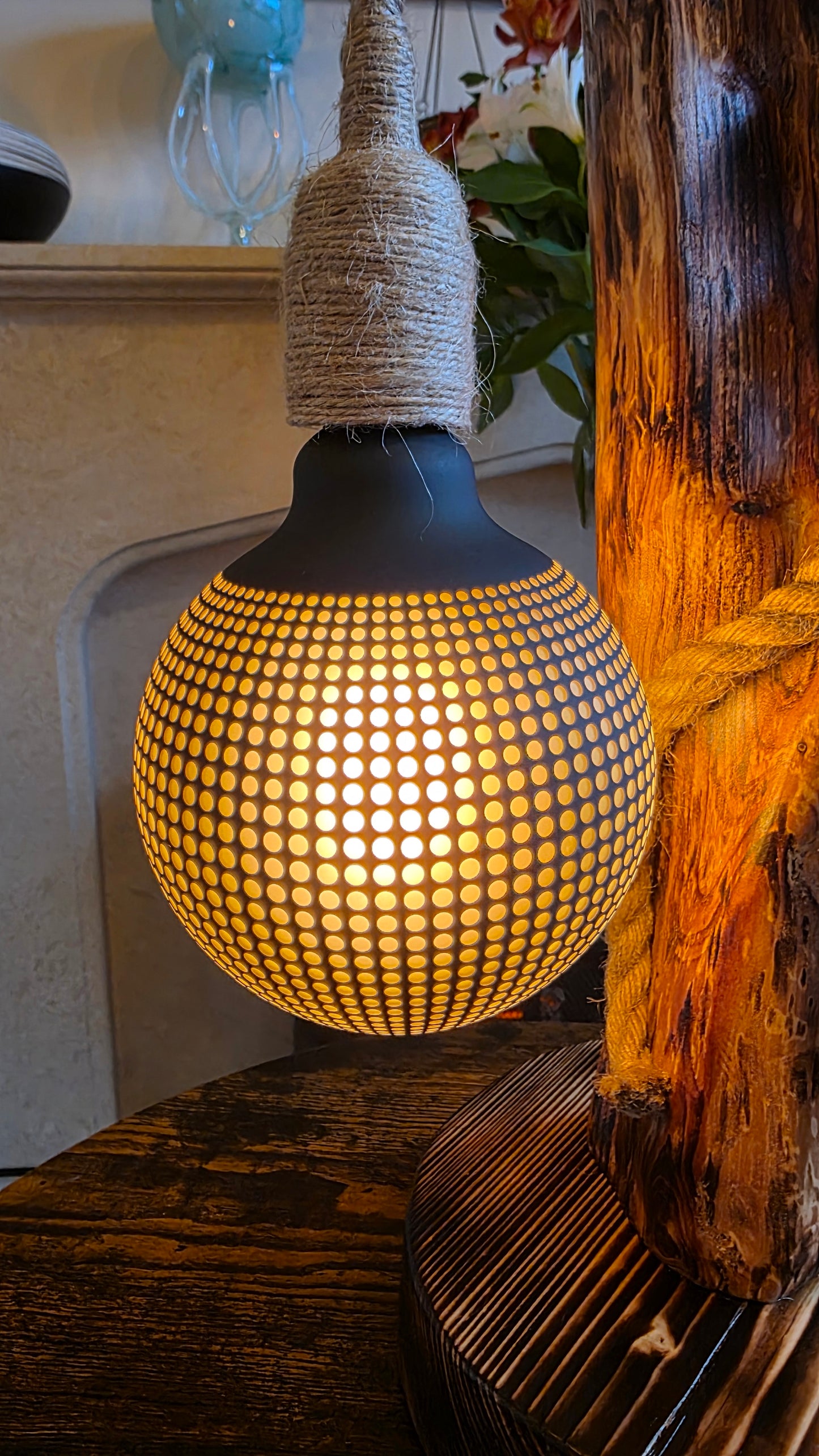 Handmade Wooden Lamp with Metal Octopus Detail & Patterned Globe Shade – Rustic Boho Light