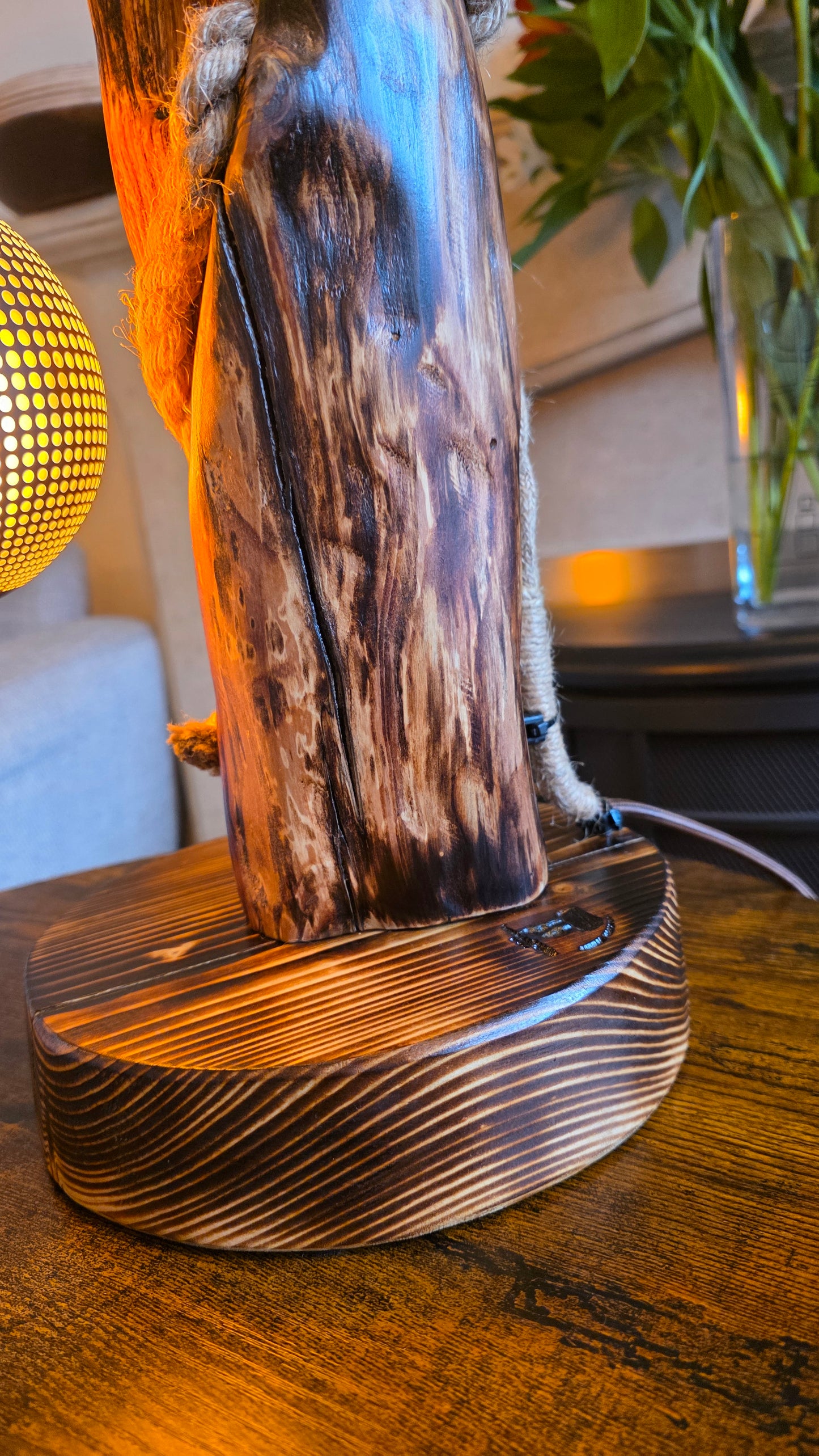 Handmade Wooden Lamp with Metal Octopus Detail & Patterned Globe Shade – Rustic Boho Light