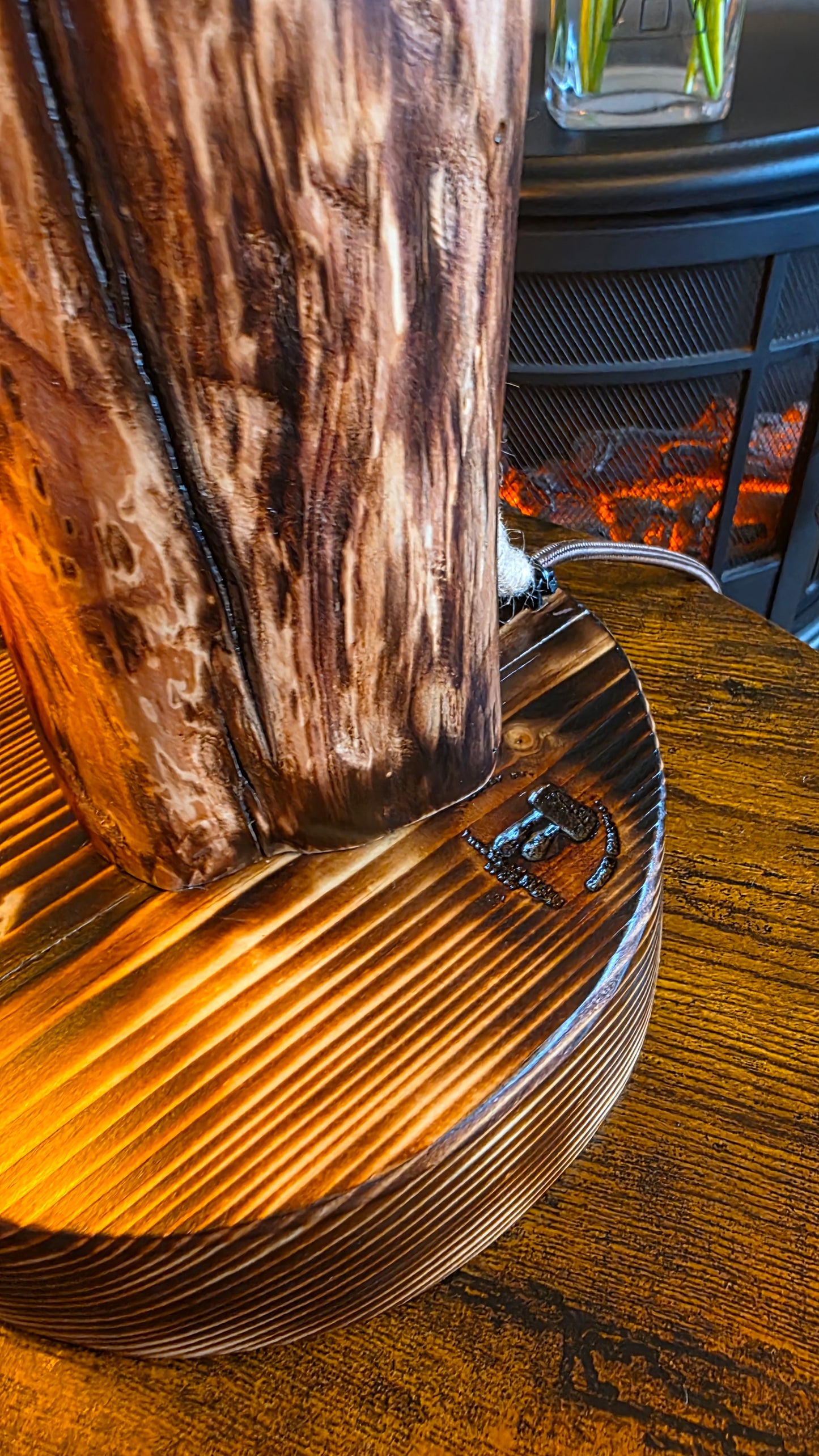 Handmade Wooden Lamp with Metal Octopus Detail & Patterned Globe Shade – Rustic Boho Light