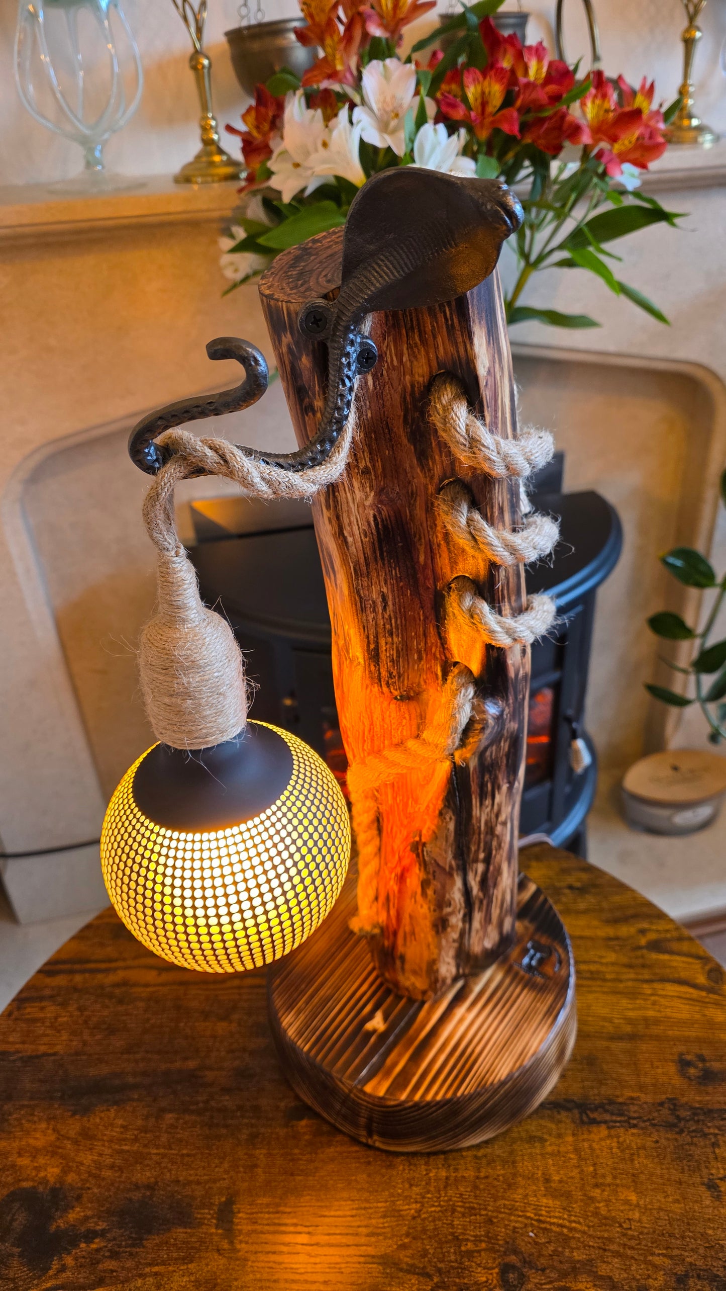 Handmade Wooden Lamp with Metal Octopus Detail & Patterned Globe Shade – Rustic Boho Light