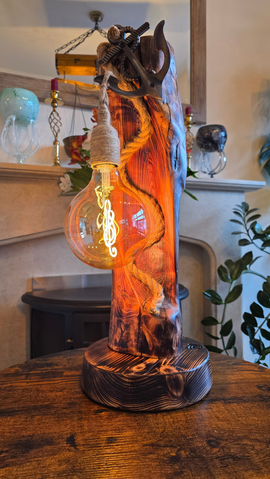 Handcrafted Solid Wood Table Lamp with Metal Anchor & Edison Bulb – Rustic Boho Style