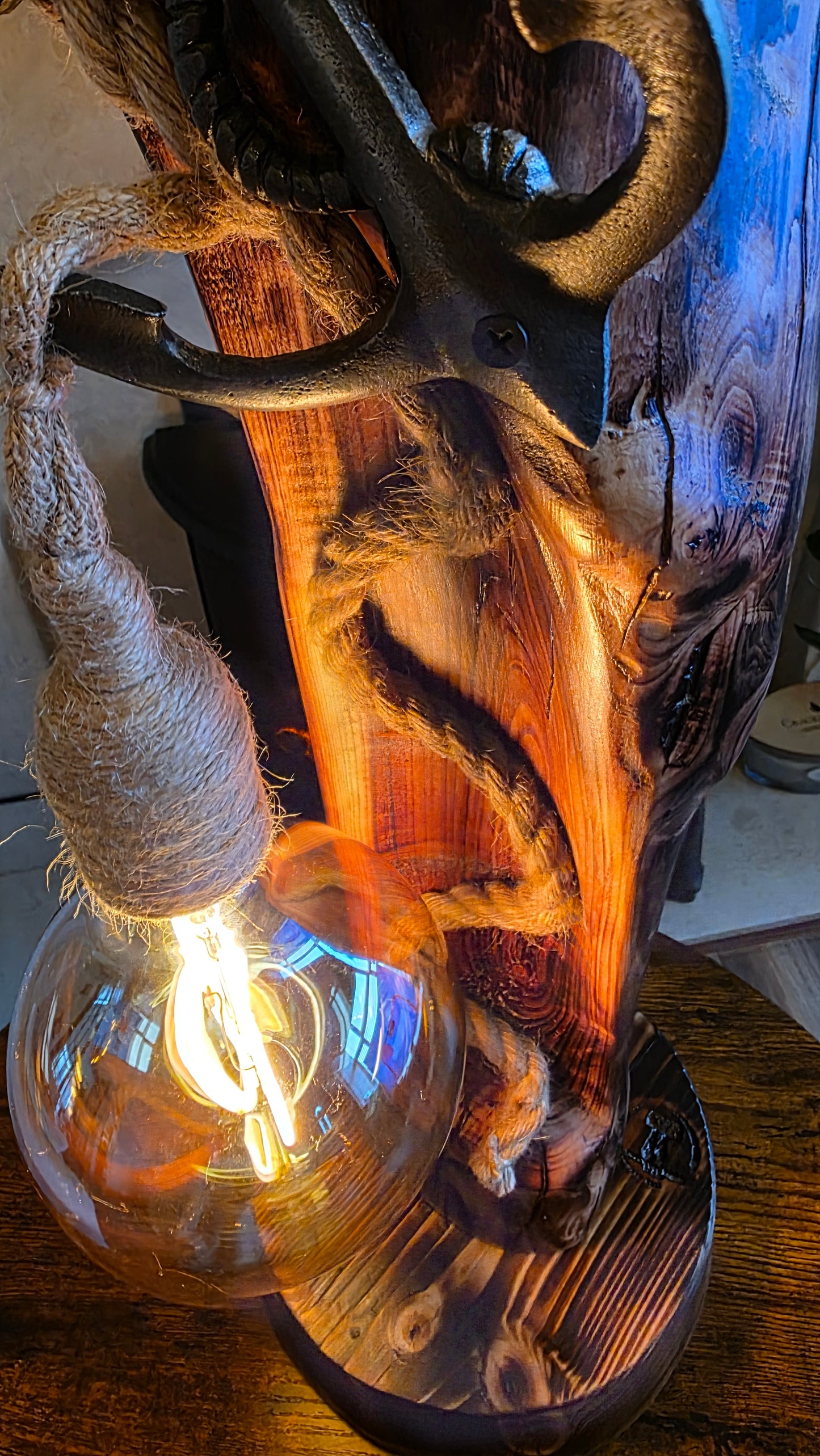 Handcrafted Solid Wood Table Lamp with Metal Anchor & Edison Bulb – Rustic Boho Style