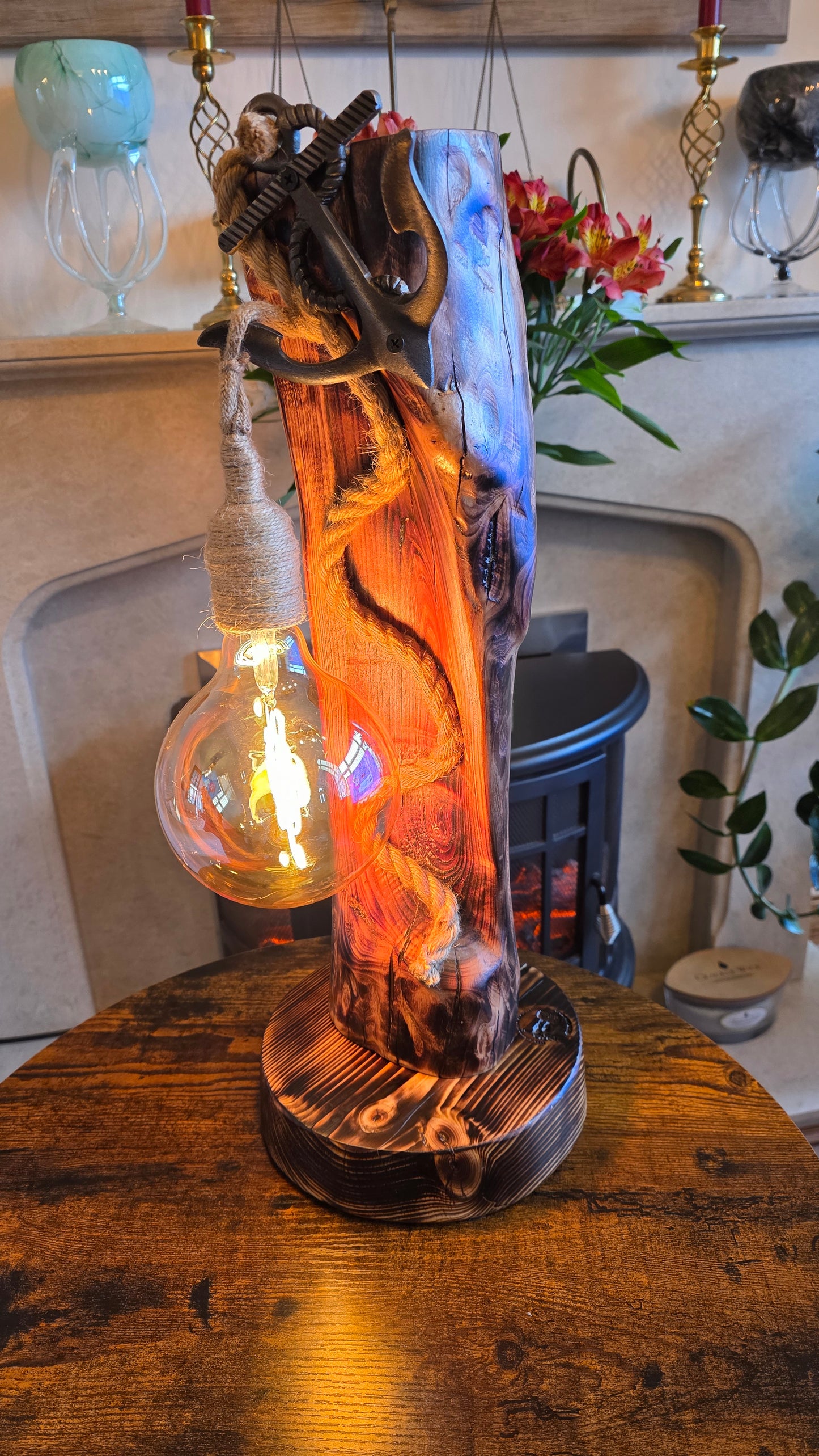 Handcrafted Solid Wood Table Lamp with Metal Anchor & Edison Bulb – Rustic Boho Style