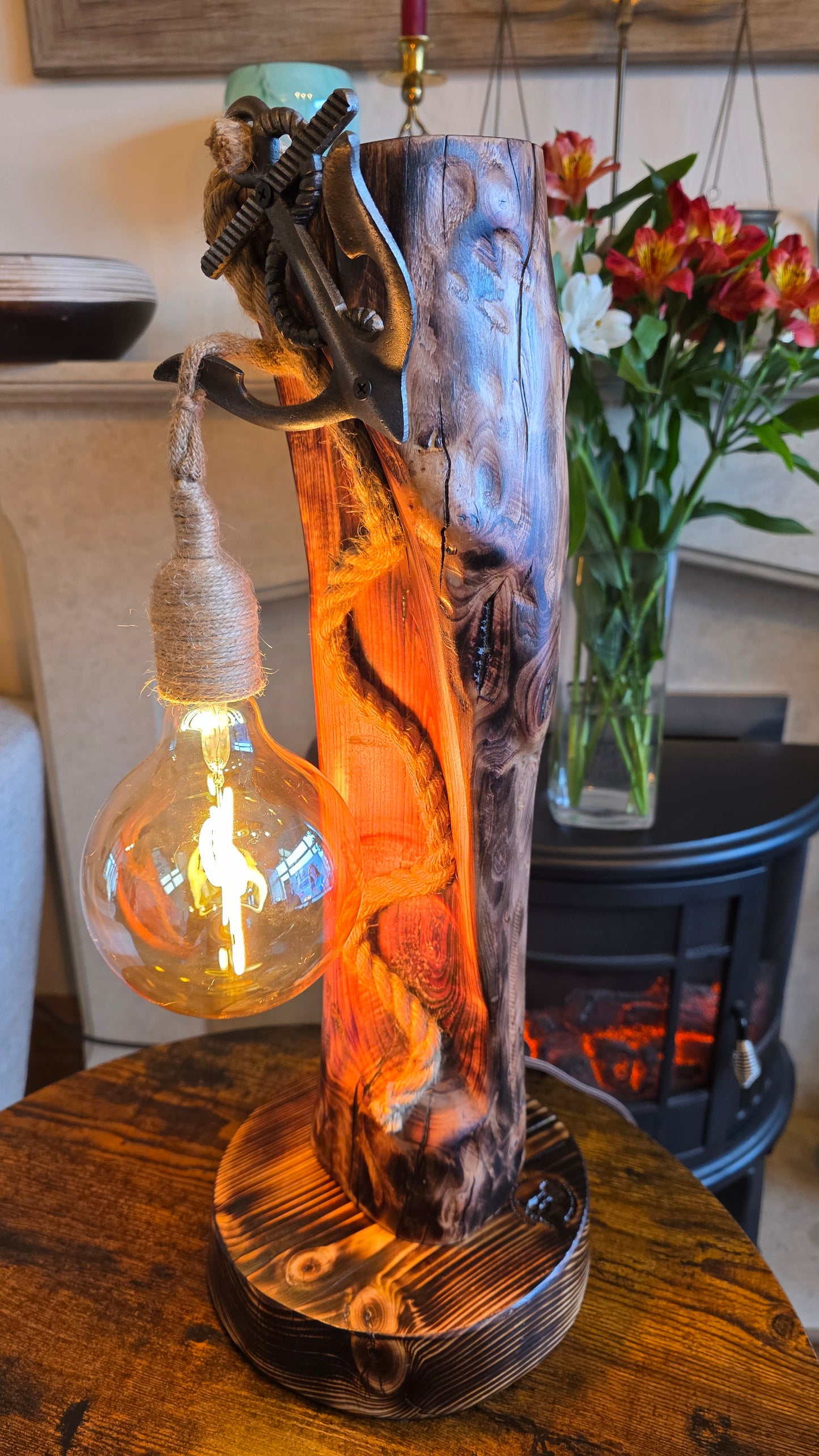 Handcrafted Solid Wood Table Lamp with Metal Anchor & Edison Bulb – Rustic Boho Style
