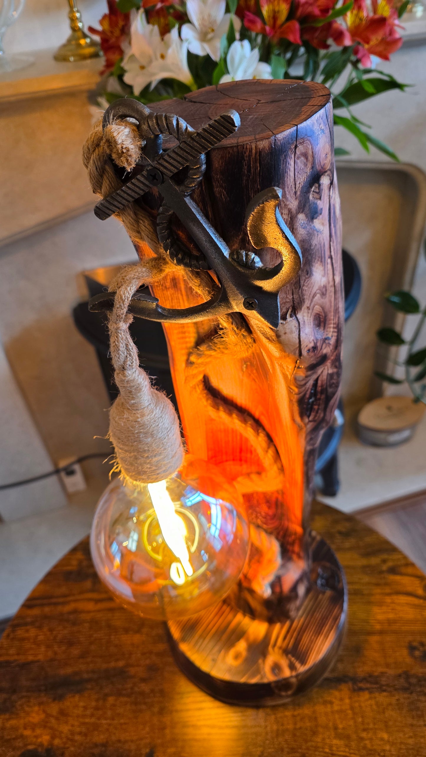 Handcrafted Solid Wood Table Lamp with Metal Anchor & Edison Bulb – Rustic Boho Style